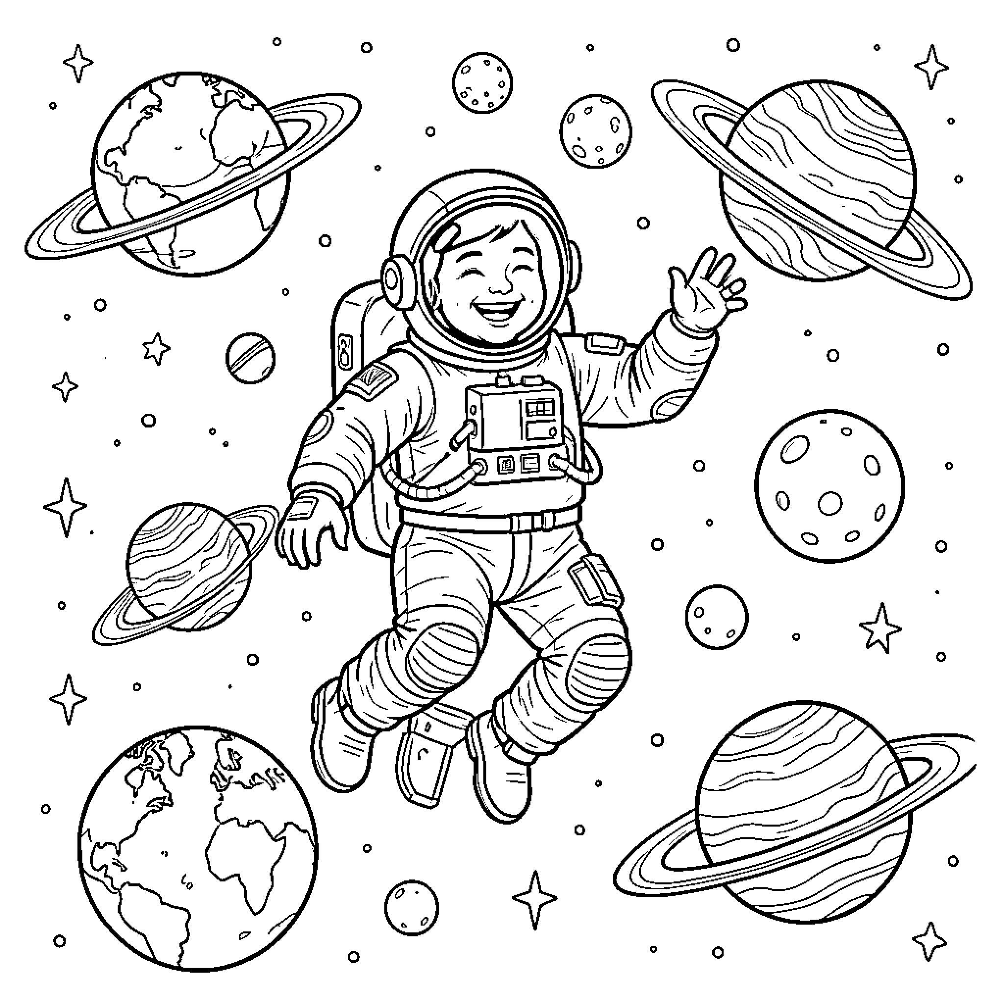 Astronaut exploring the wonders of space Coloring Page (free black-and-white line drawing printable PDF for all, from beginners to advanced learners, including children, teens, adults, and seniors)