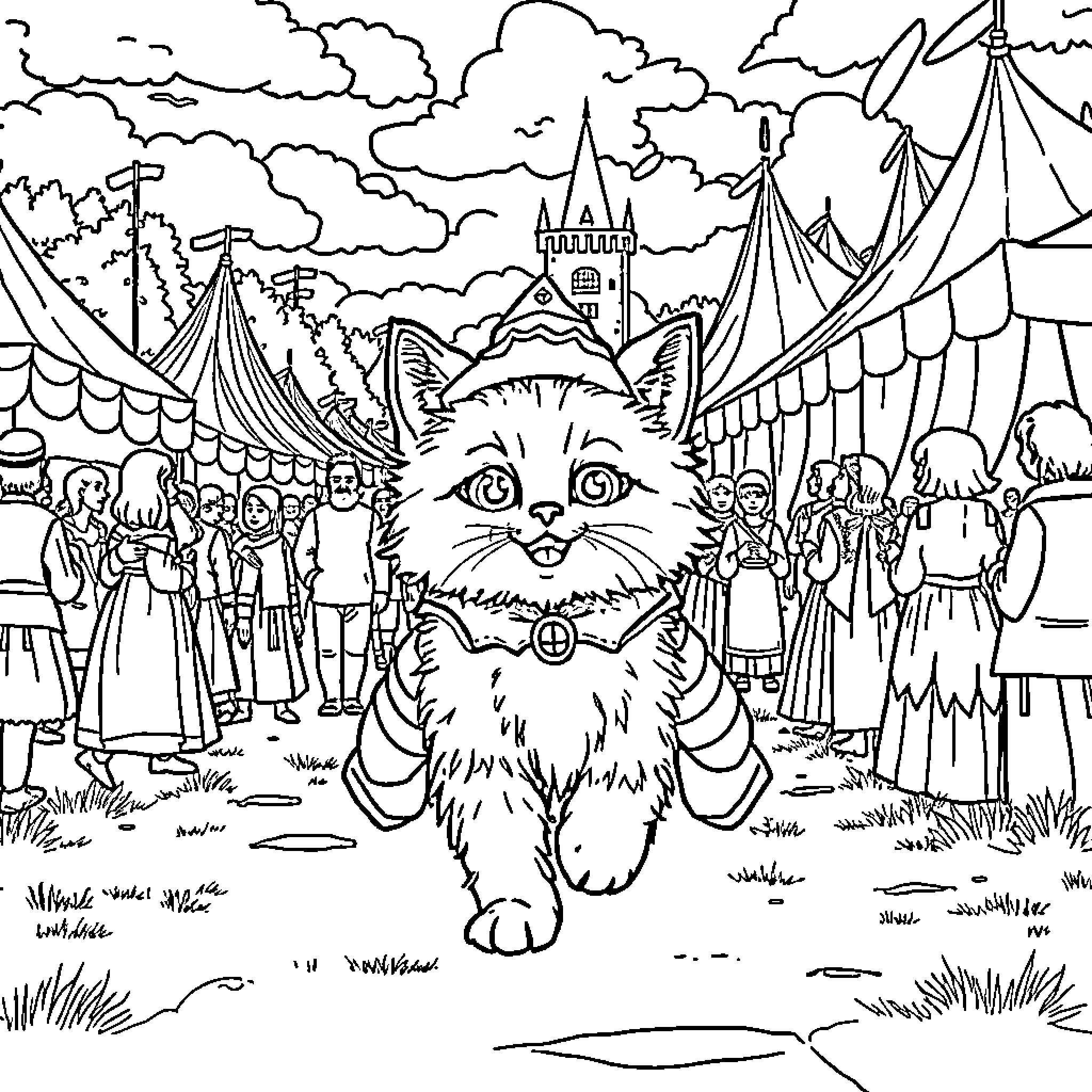 Cat exploring a carnival scene with tents and crowds Coloring Page (free black-and-white line drawing printable PDF for all, from beginners to advanced learners, including children, teens, adults, and seniors)