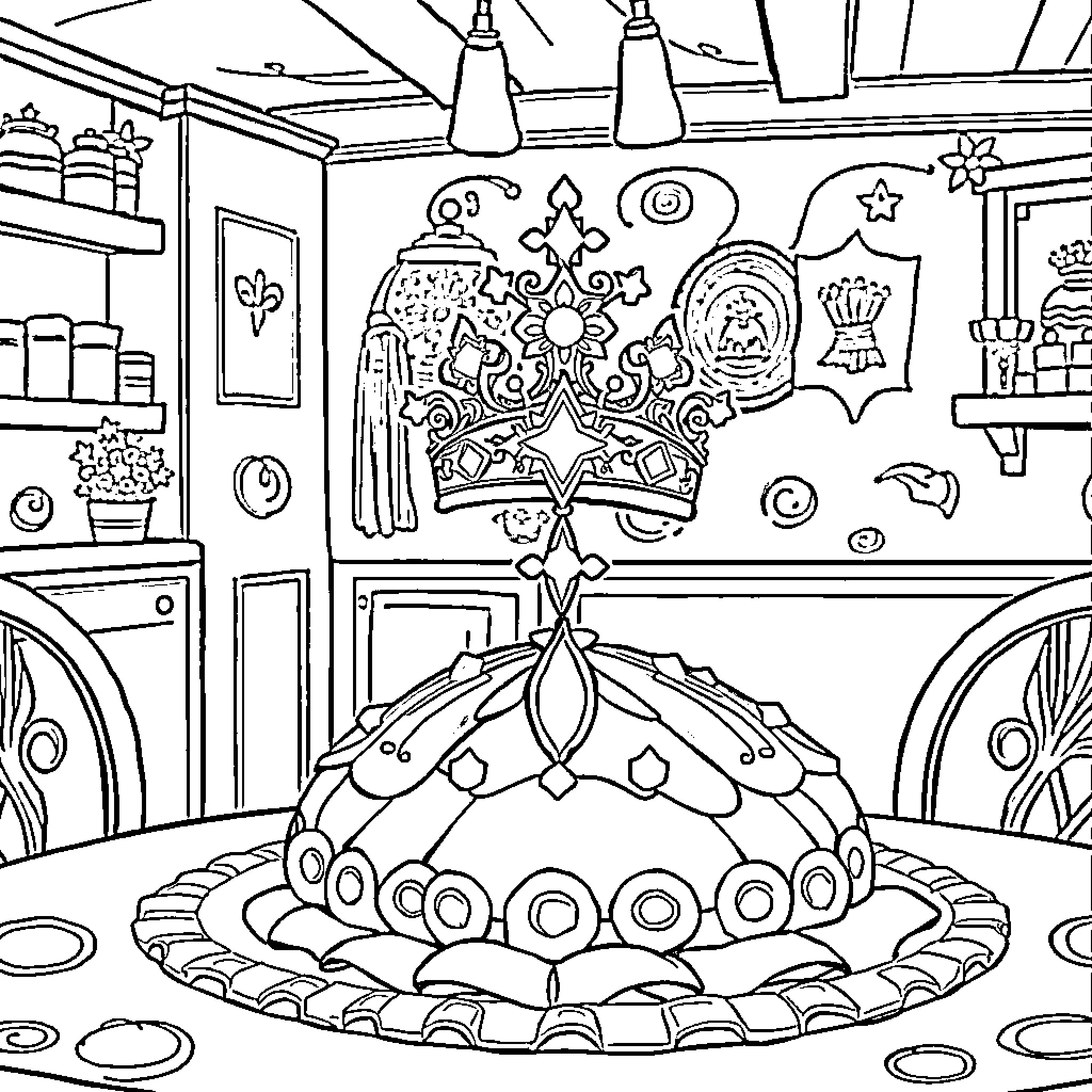 Crown of ornamental designs in a room Coloring Page (free black-and-white line drawing printable PDF for all, from beginners to advanced learners, including children, teens, adults, and seniors)