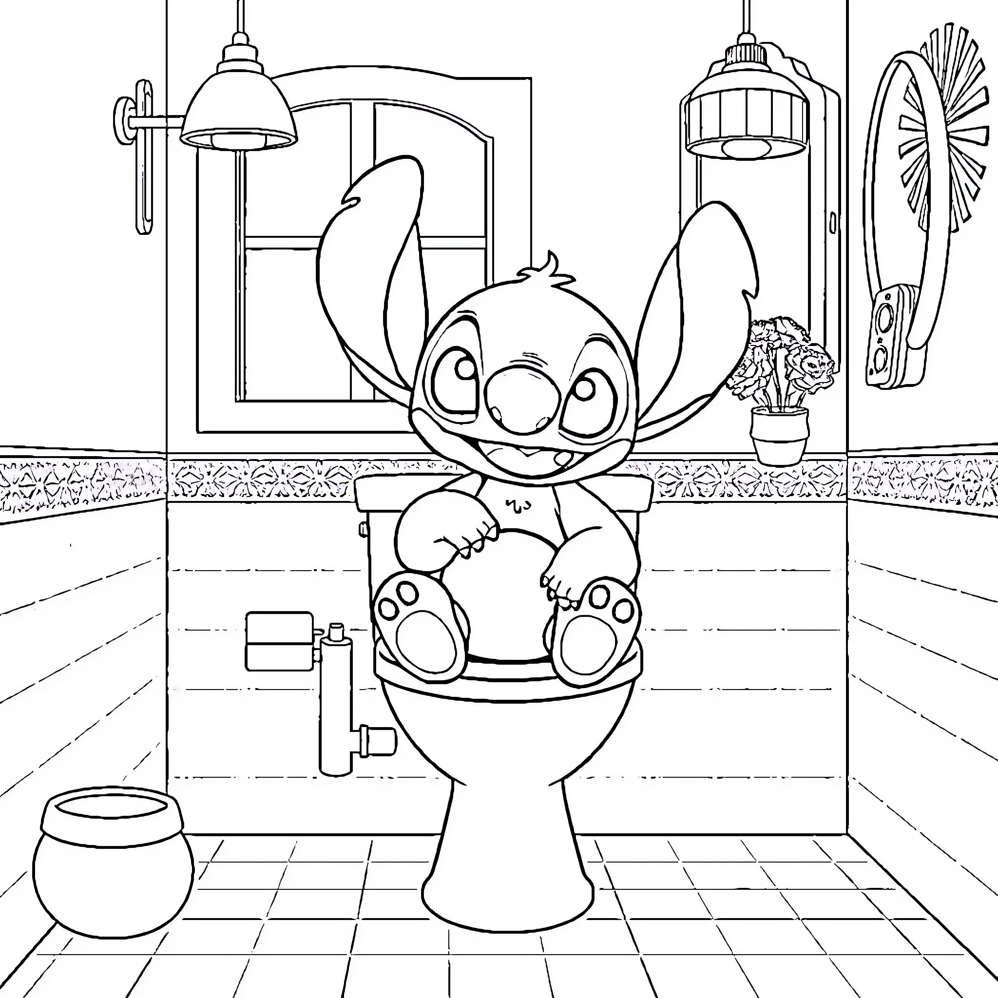 Stitch's Mischievous Bathroom Antics Coloring Page (free black-and-white line drawing printable PDF for all, from beginners to advanced learners, including children, teens, adults, and seniors)