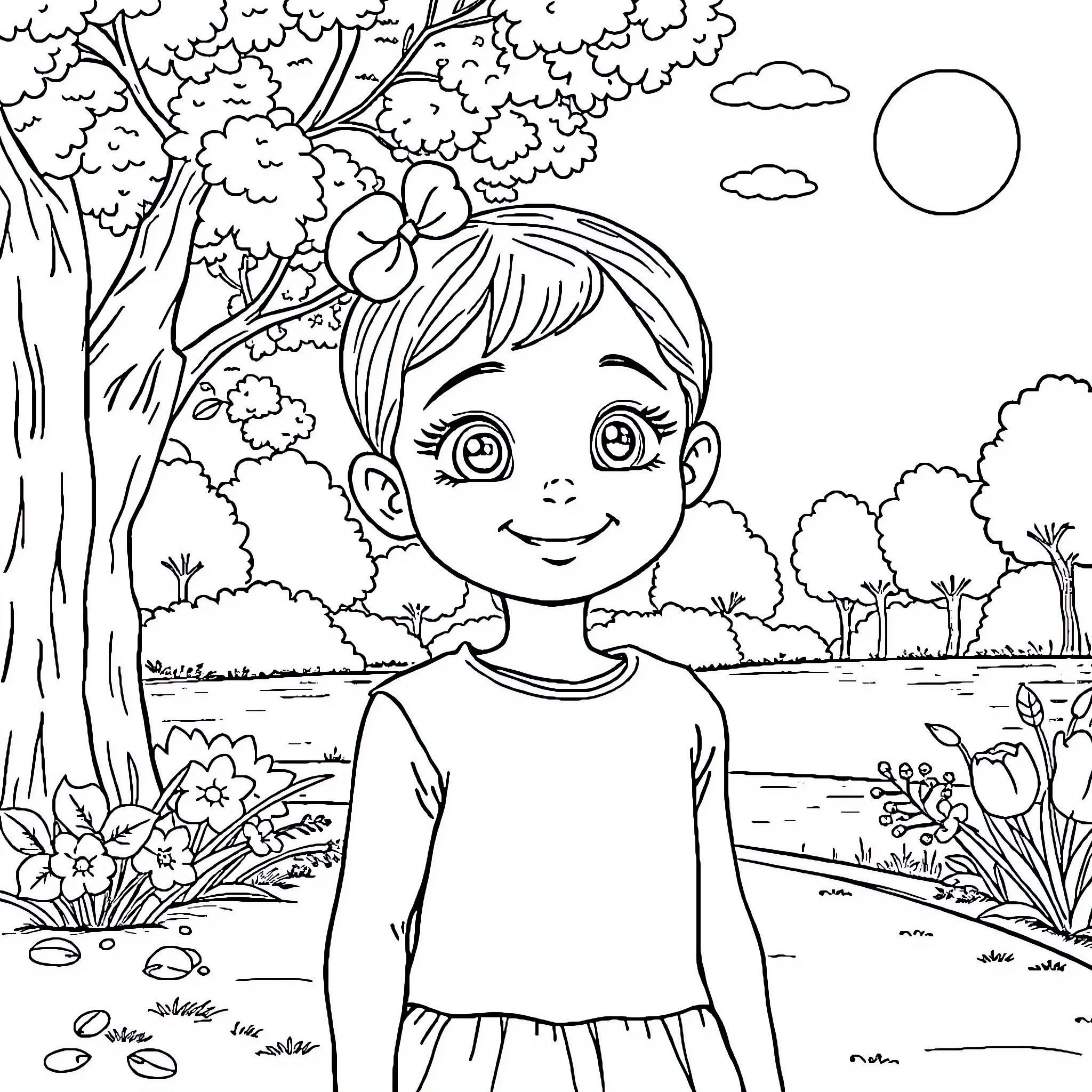 Shelly's Tranquil Nature Adventure Coloring Page (free black-and-white line drawing printable PDF for all, from beginners to advanced learners, including children, teens, adults, and seniors)