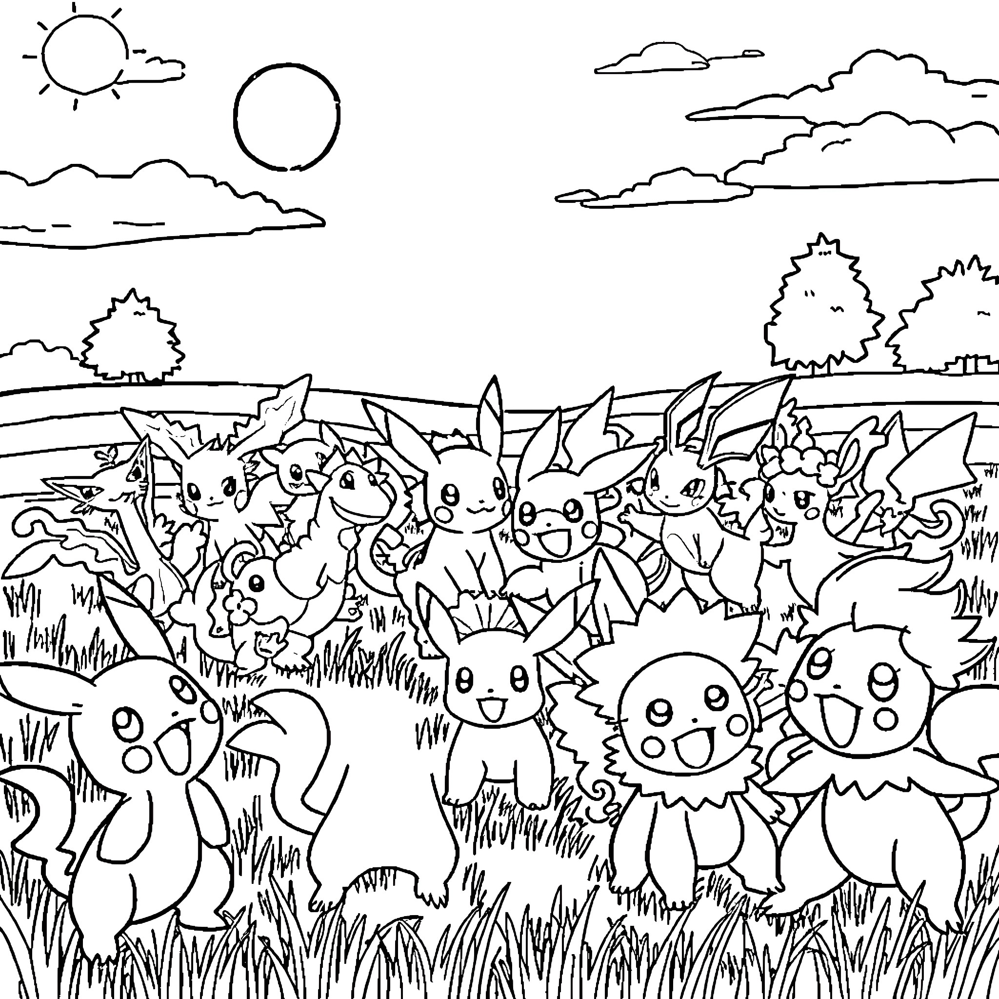 Pokémon enjoying a day in the lush outdoors Coloring Page (free black-and-white line drawing printable PDF for all, from beginners to advanced learners, including children, teens, adults, and seniors)