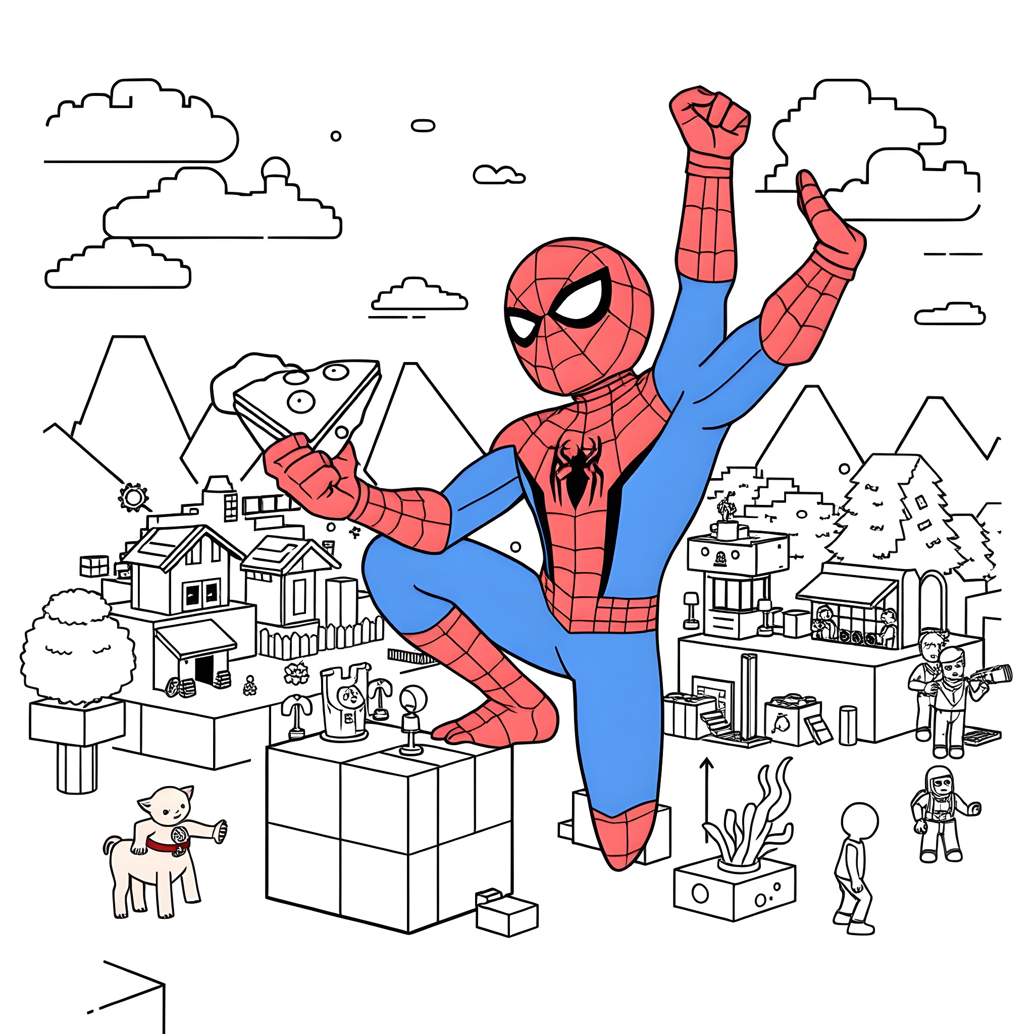 Spider-Man Swinging Through the City with Enthusiasm Coloring Page (free black-and-white line drawing printable PDF for all, from beginners to advanced learners, including children, teens, adults, and seniors)