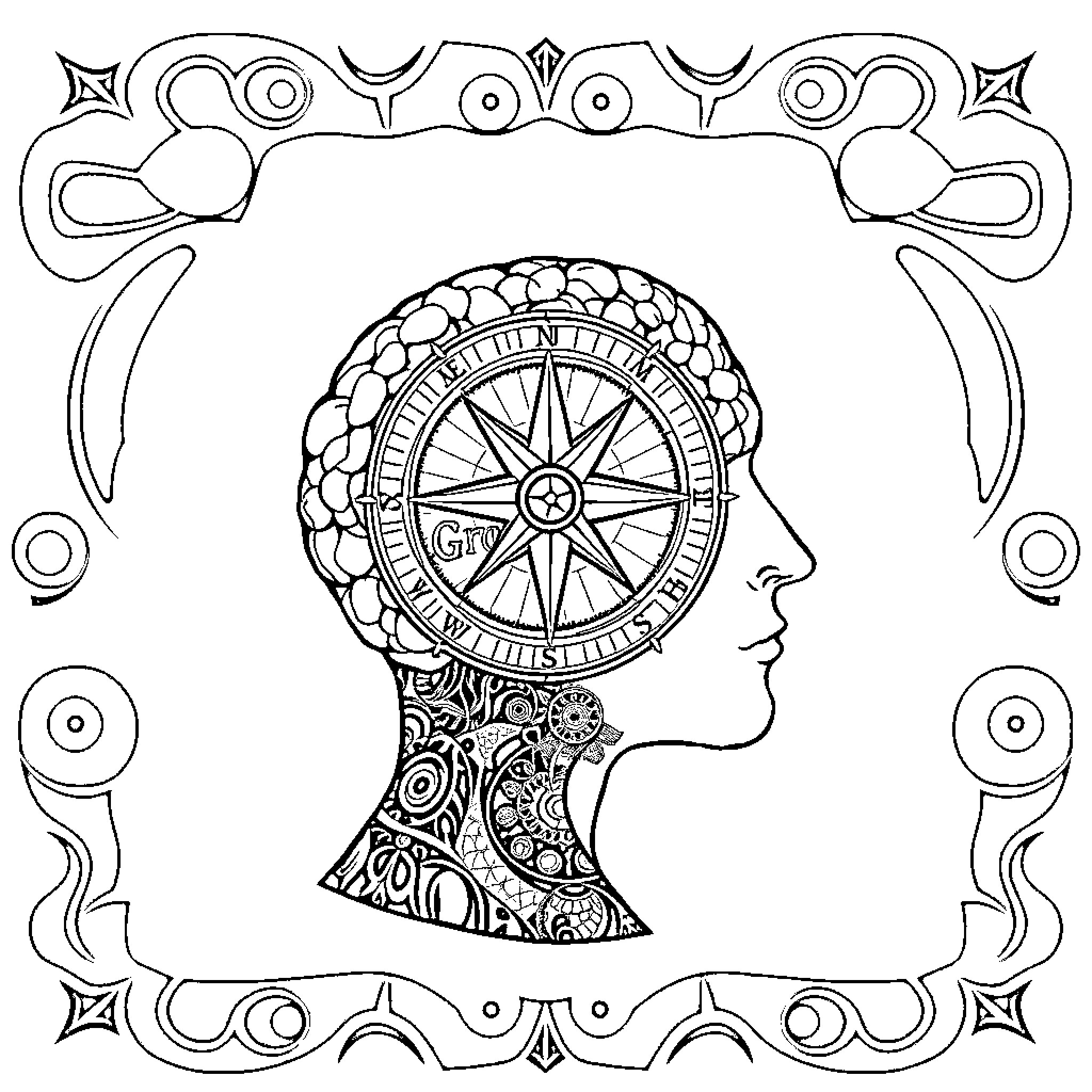 Human Head with Intricate Patterns and Compass Coloring Page (free black-and-white line drawing printable PDF for all, from beginners to advanced learners, including children, teens, adults, and seniors)