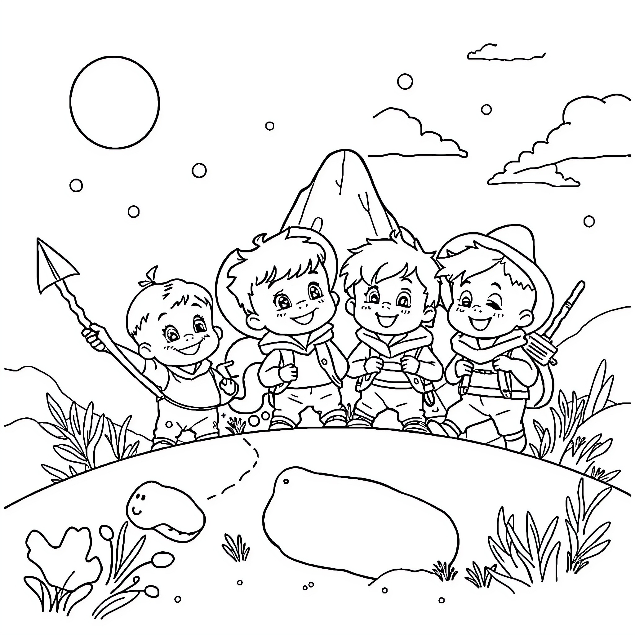 Rugrats Exploring Outdoor Adventure Coloring Page (free black-and-white line drawing printable PDF for all, from beginners to advanced learners, including children, teens, adults, and seniors)