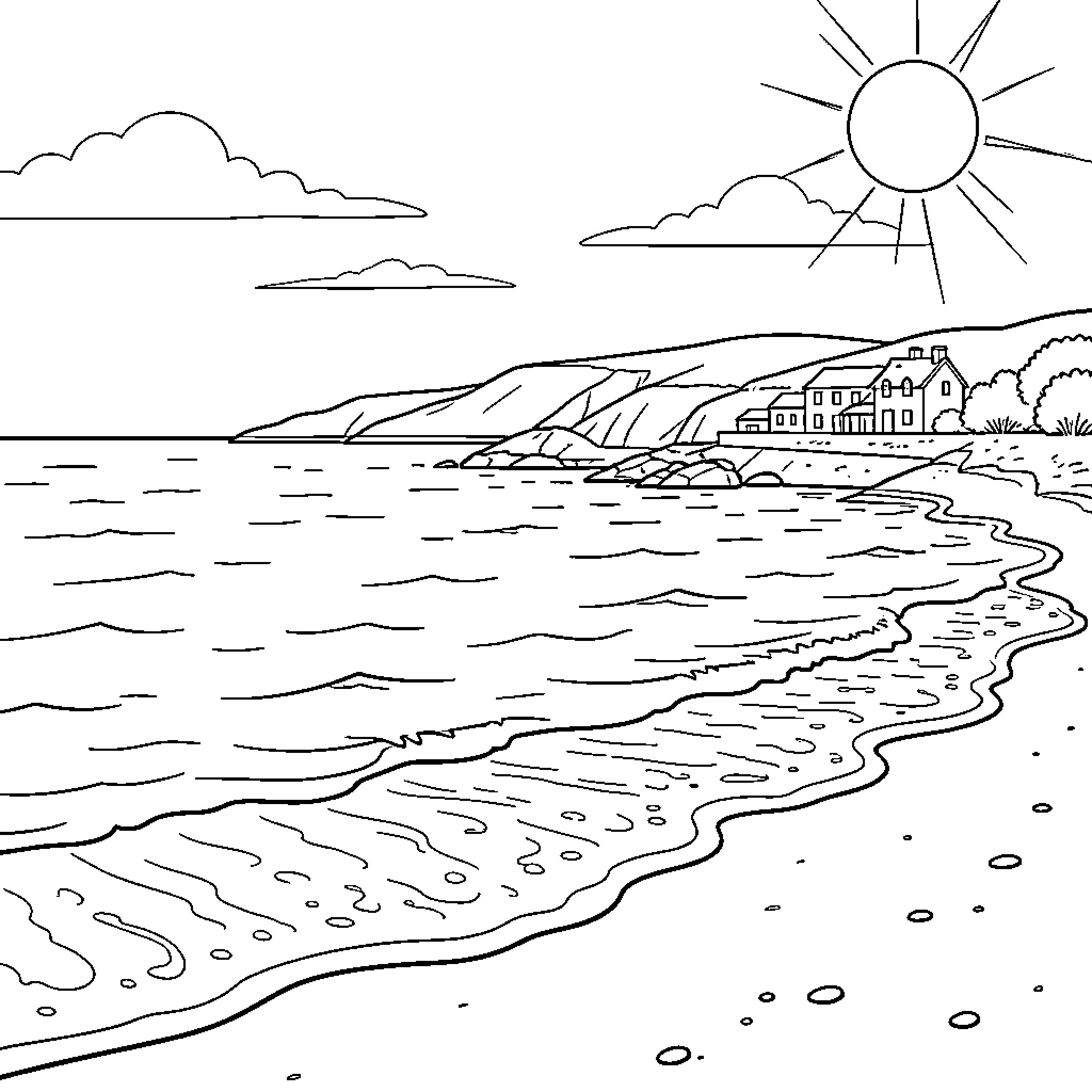 Sea waves washing onto a sandy shoreline Coloring Page (free black-and-white line drawing printable PDF for all, from beginners to advanced learners, including children, teens, adults, and seniors)