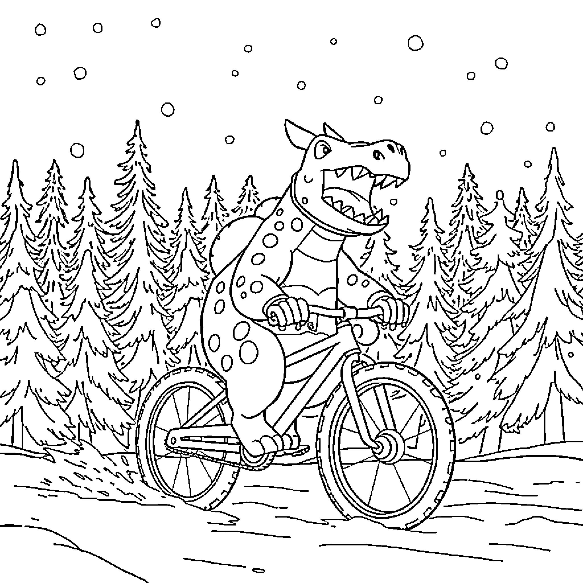 Rhyperior riding a bicycle through a snowy forest Coloring Page (free black-and-white line drawing printable PDF for all, from beginners to advanced learners, including children, teens, adults, and seniors)