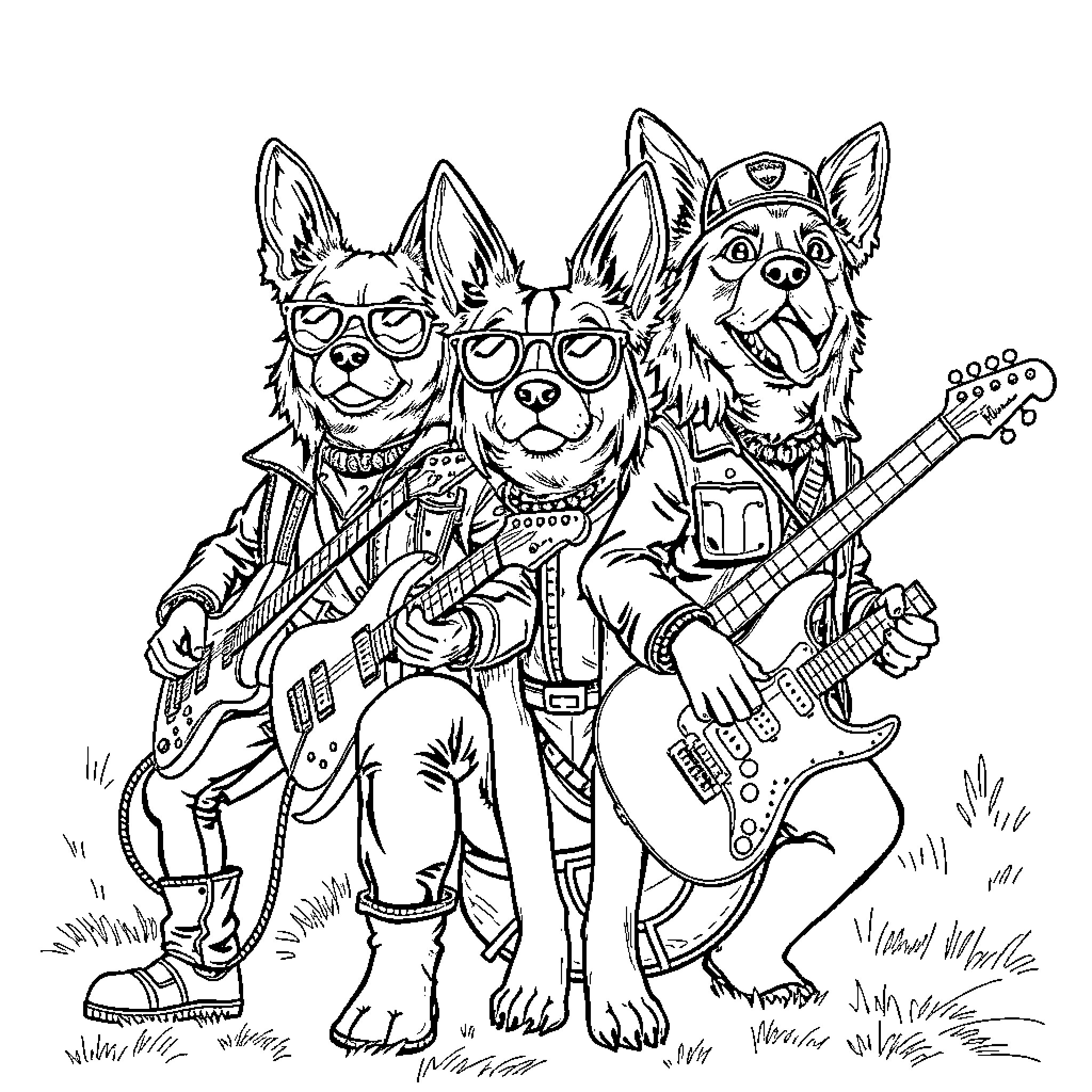Paw Patrol Rock Band on Stage Coloring Page (free black-and-white line drawing printable PDF for all, from beginners to advanced learners, including children, teens, adults, and seniors)