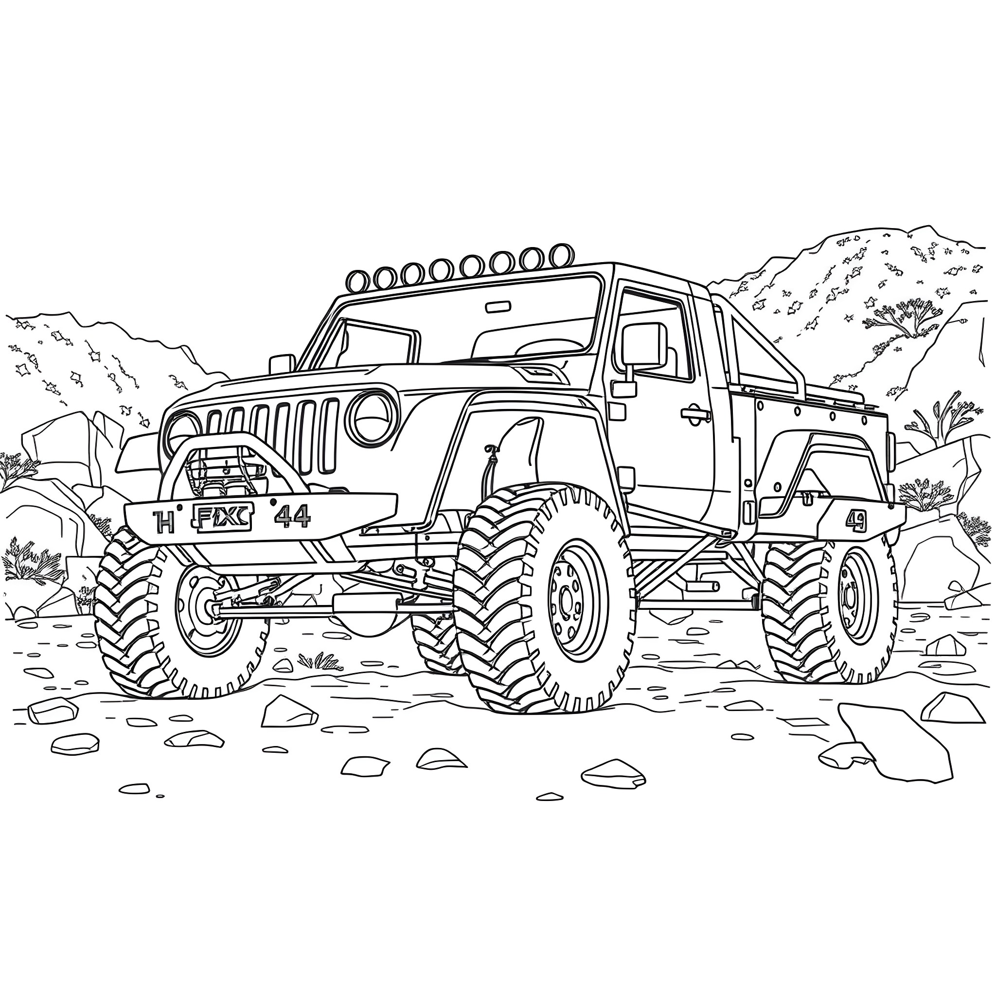 Truck Off-Road Adventure in the Mountains Coloring Page (free black-and-white line drawing printable PDF for all, from beginners to advanced learners, including children, teens, adults, and seniors)