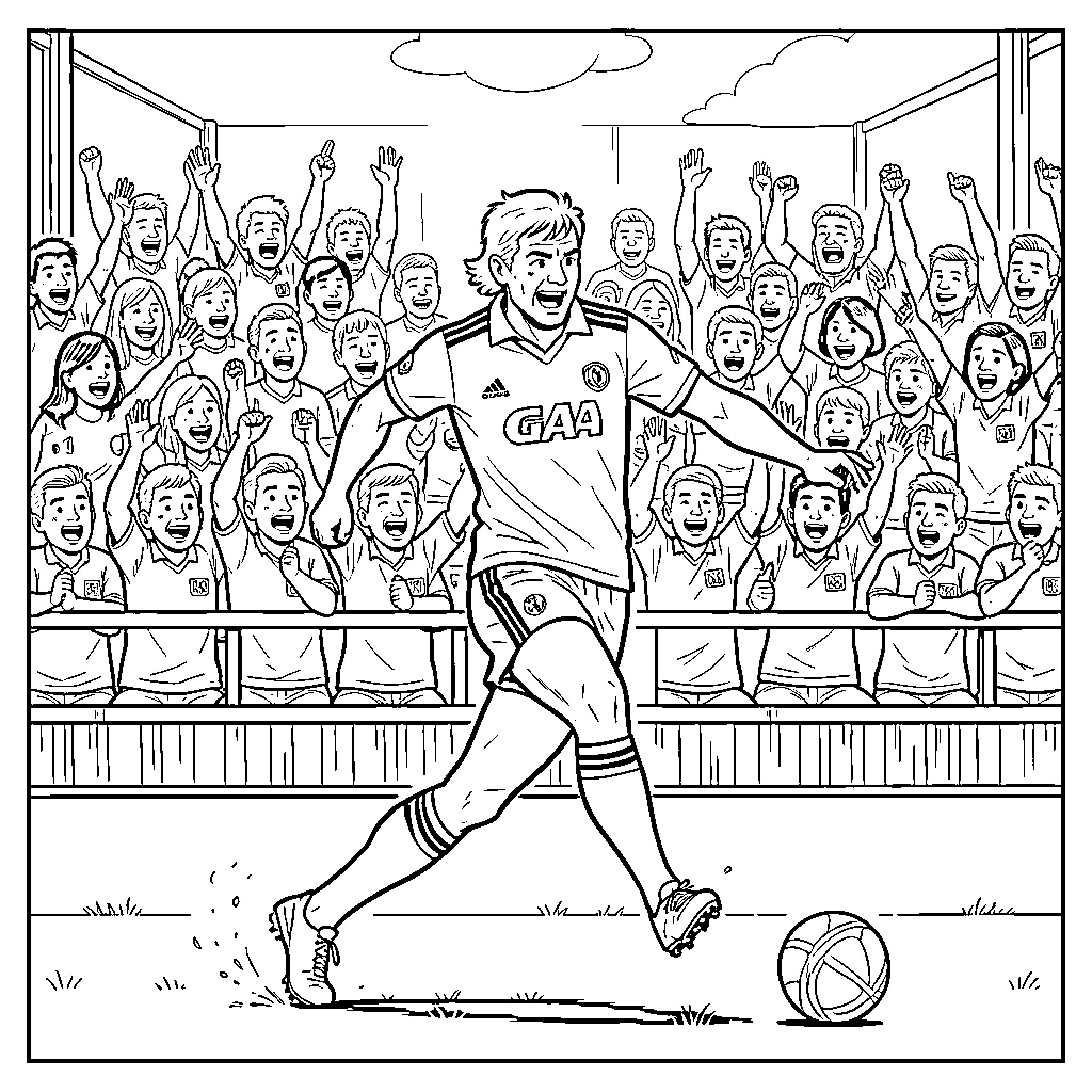 GAA Player Celebrating Victory with Cheering Fans Coloring Page (free black-and-white line drawing printable PDF for all, from beginners to advanced learners, including children, teens, adults, and seniors)