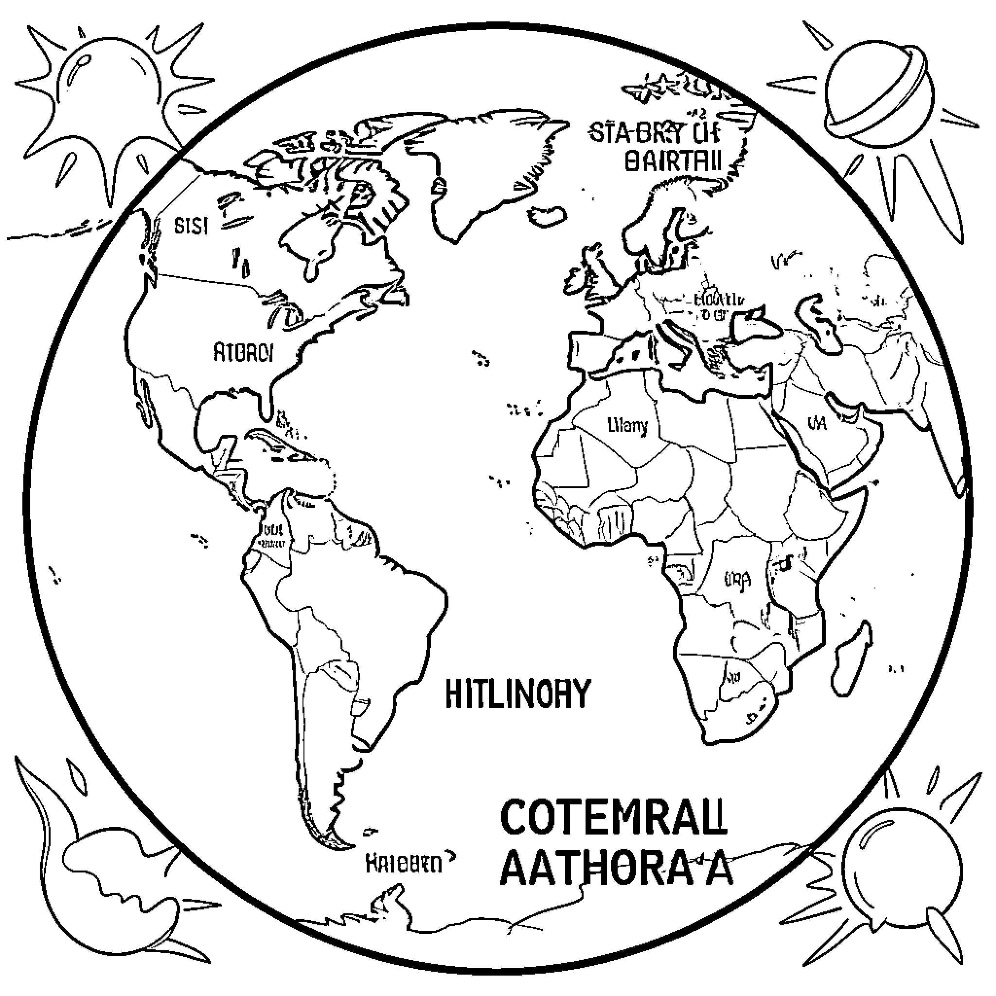 Earth's continents and landmarks in an outlined illustration Coloring Page (free black-and-white line drawing printable PDF for all, from beginners to advanced learners, including children, teens, adults, and seniors)