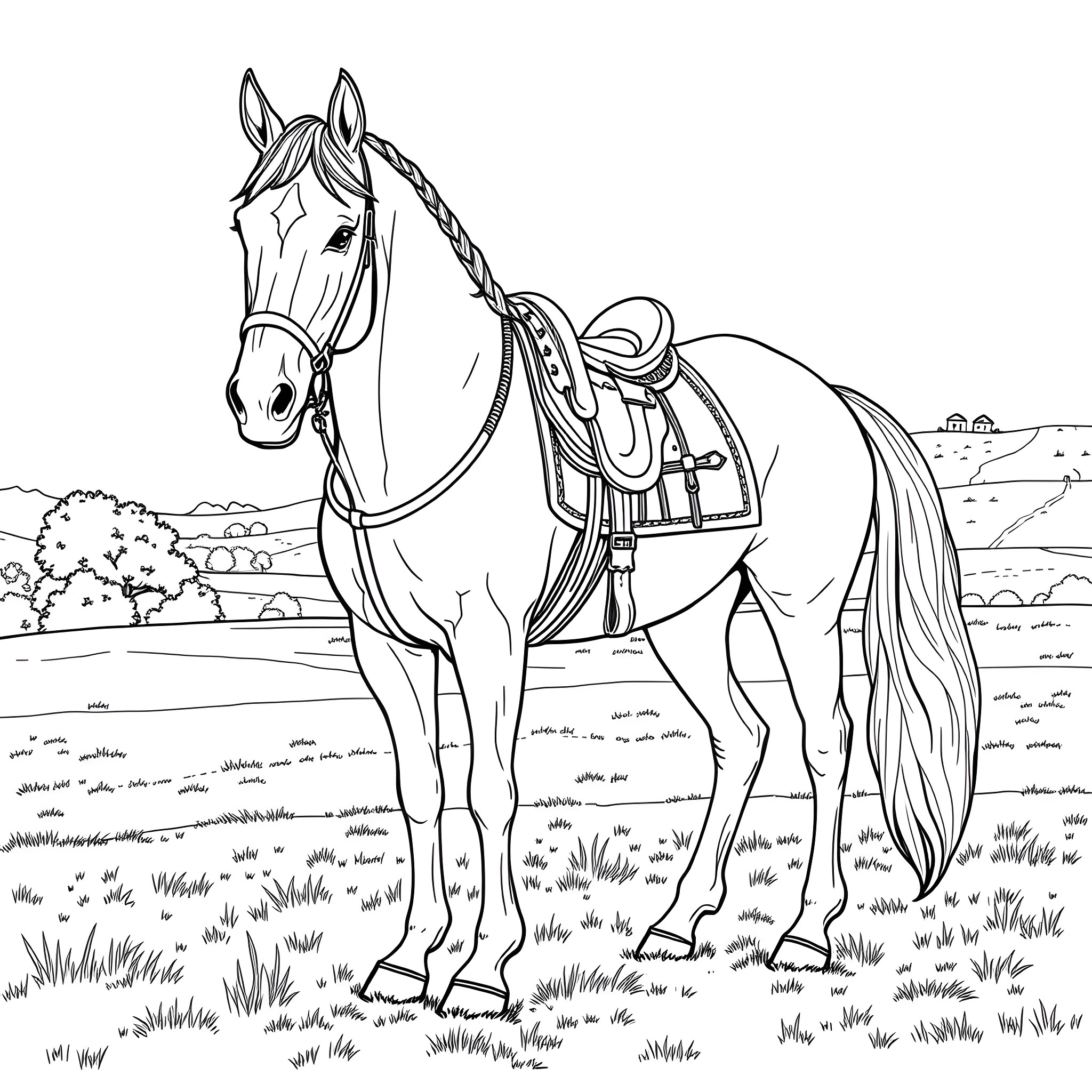 Horse with Saddle in Grassy Field Coloring Page (free black-and-white line drawing printable PDF for all, from beginners to advanced learners, including children, teens, adults, and seniors)