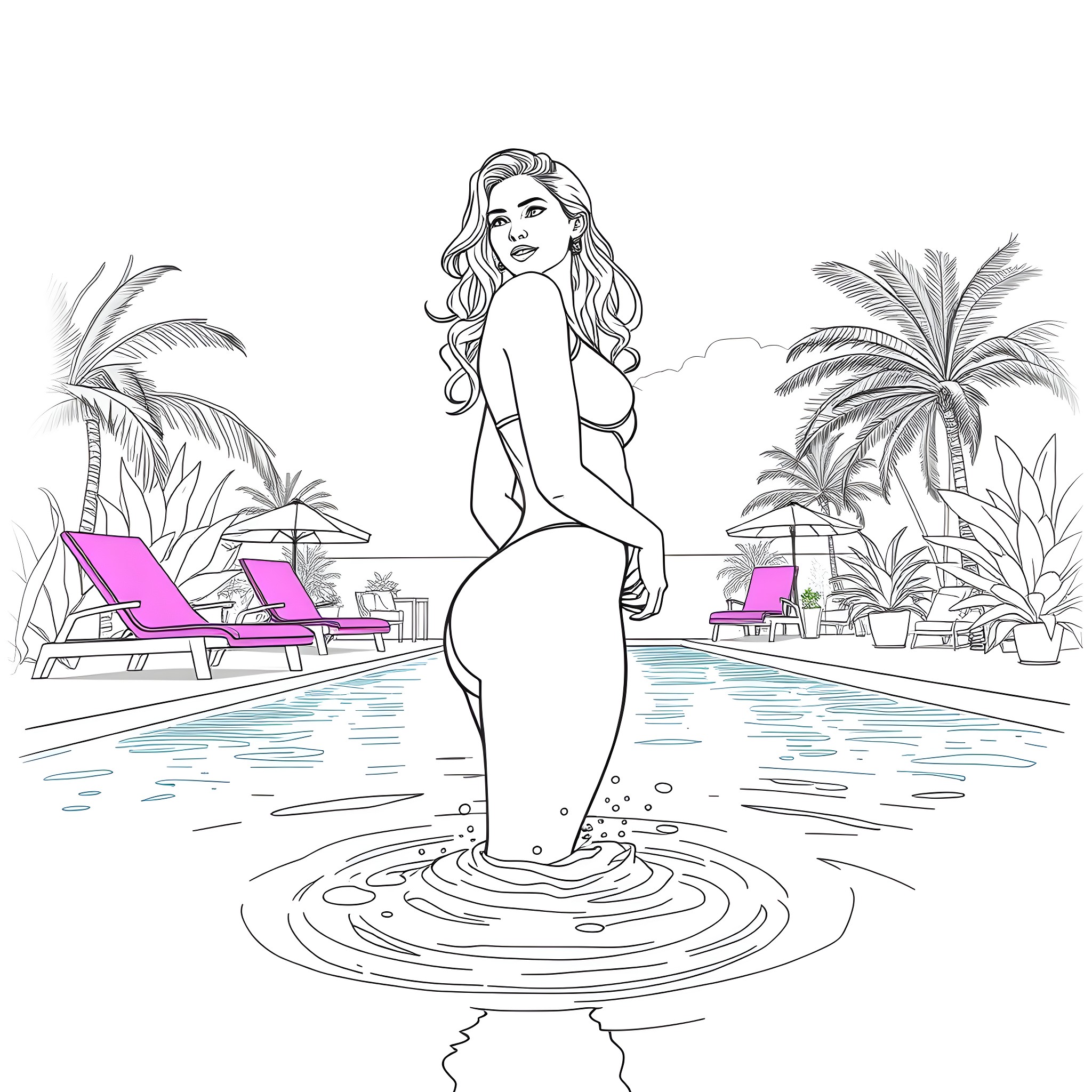 Girl posing by the pool in tropical resort Coloring Page (free black-and-white line drawing printable PDF for all, from beginners to advanced learners, including children, teens, adults, and seniors)