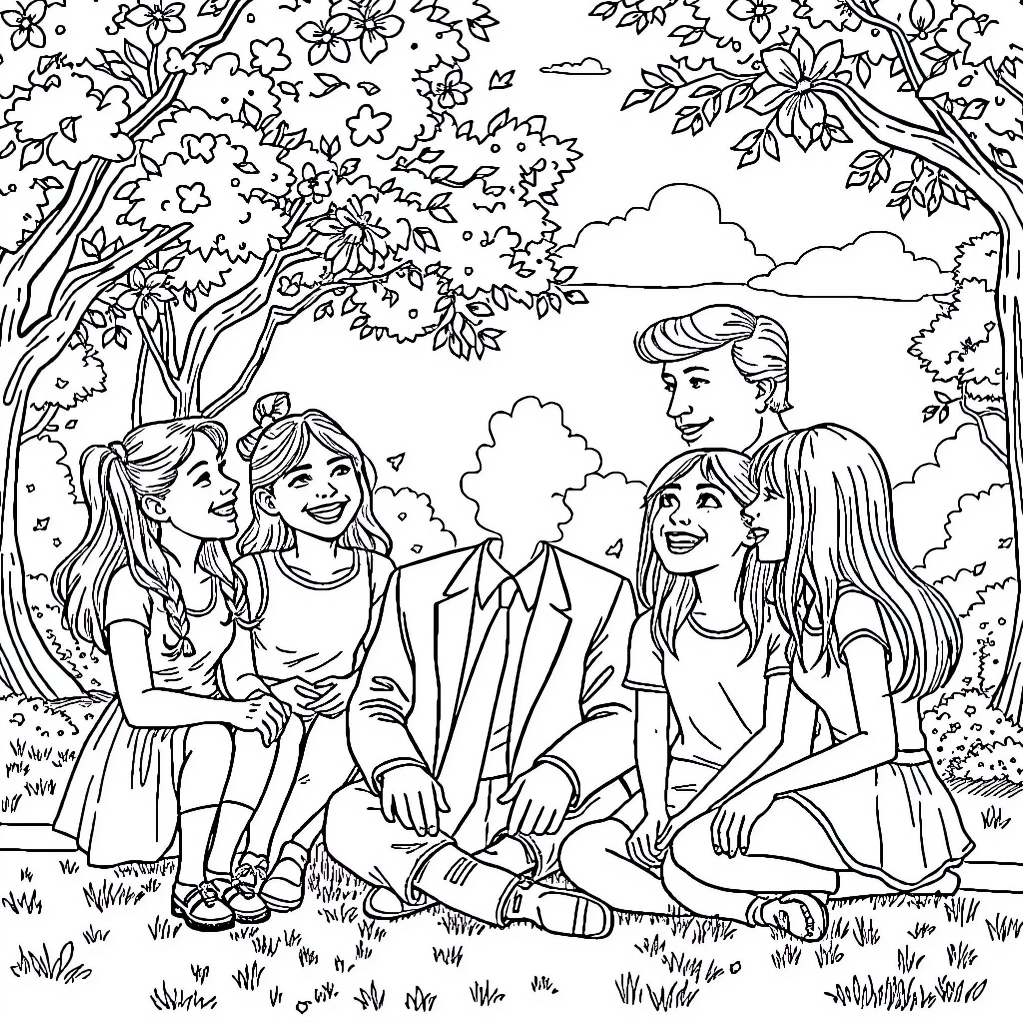 Donald Trump and family in a serene outdoor setting Coloring Page (free black-and-white line drawing printable PDF for all, from beginners to advanced learners, including children, teens, adults, and seniors)