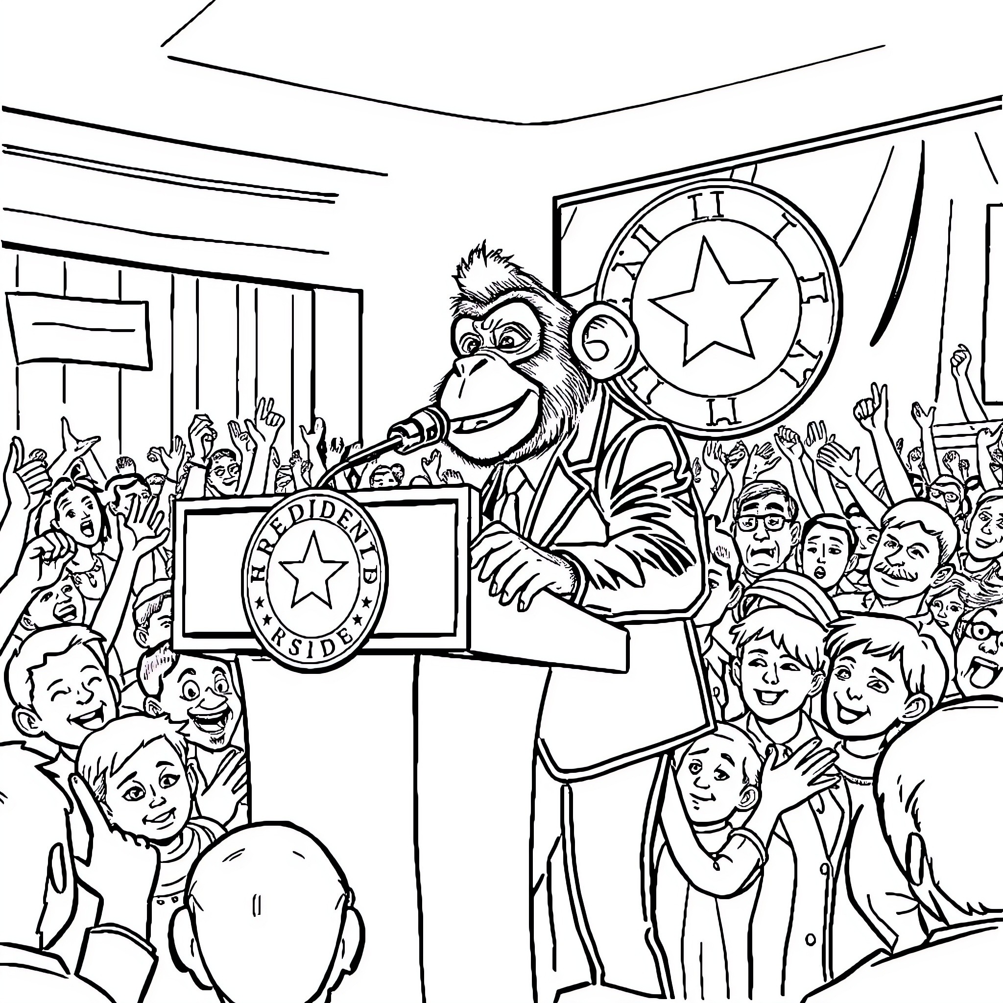 Monkey delivering speech at political rally Coloring Page (free black-and-white line drawing printable PDF for all, from beginners to advanced learners, including children, teens, adults, and seniors)