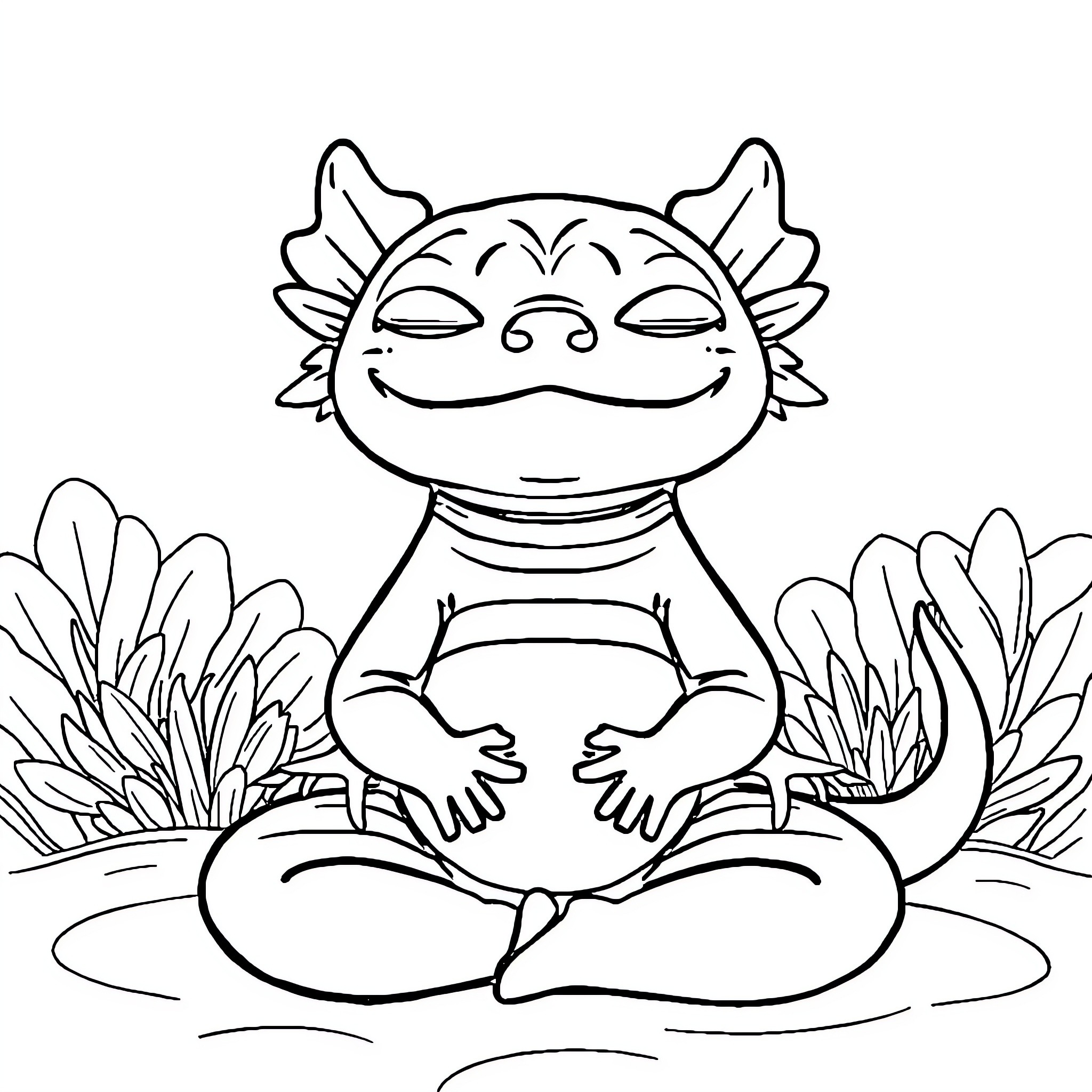 Axolotl meditating peacefully in a garden Coloring Page (free black-and-white line drawing printable PDF for all, from beginners to advanced learners, including children, teens, adults, and seniors)