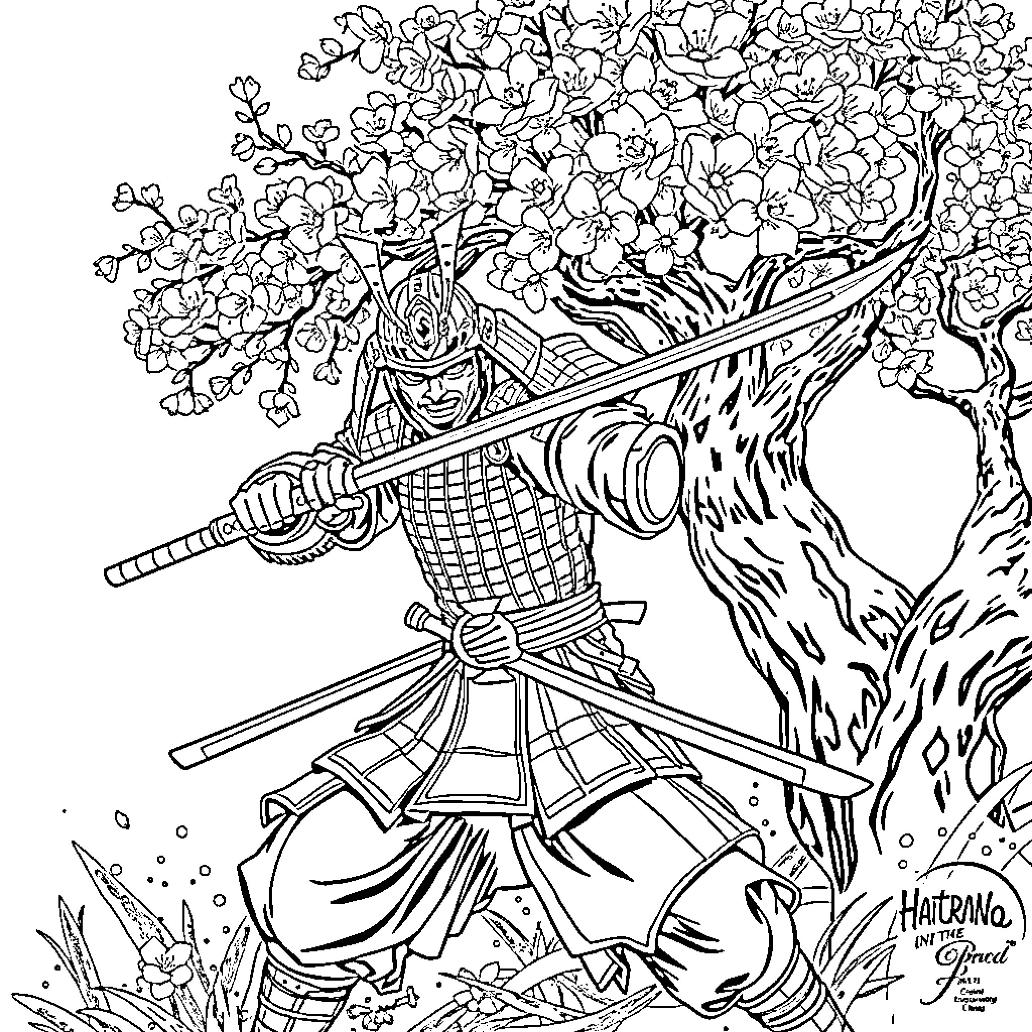 Samurai warrior wielding sword amid blossoming trees Coloring Page (free black-and-white line drawing printable PDF for all, from beginners to advanced learners, including children, teens, adults, and seniors)