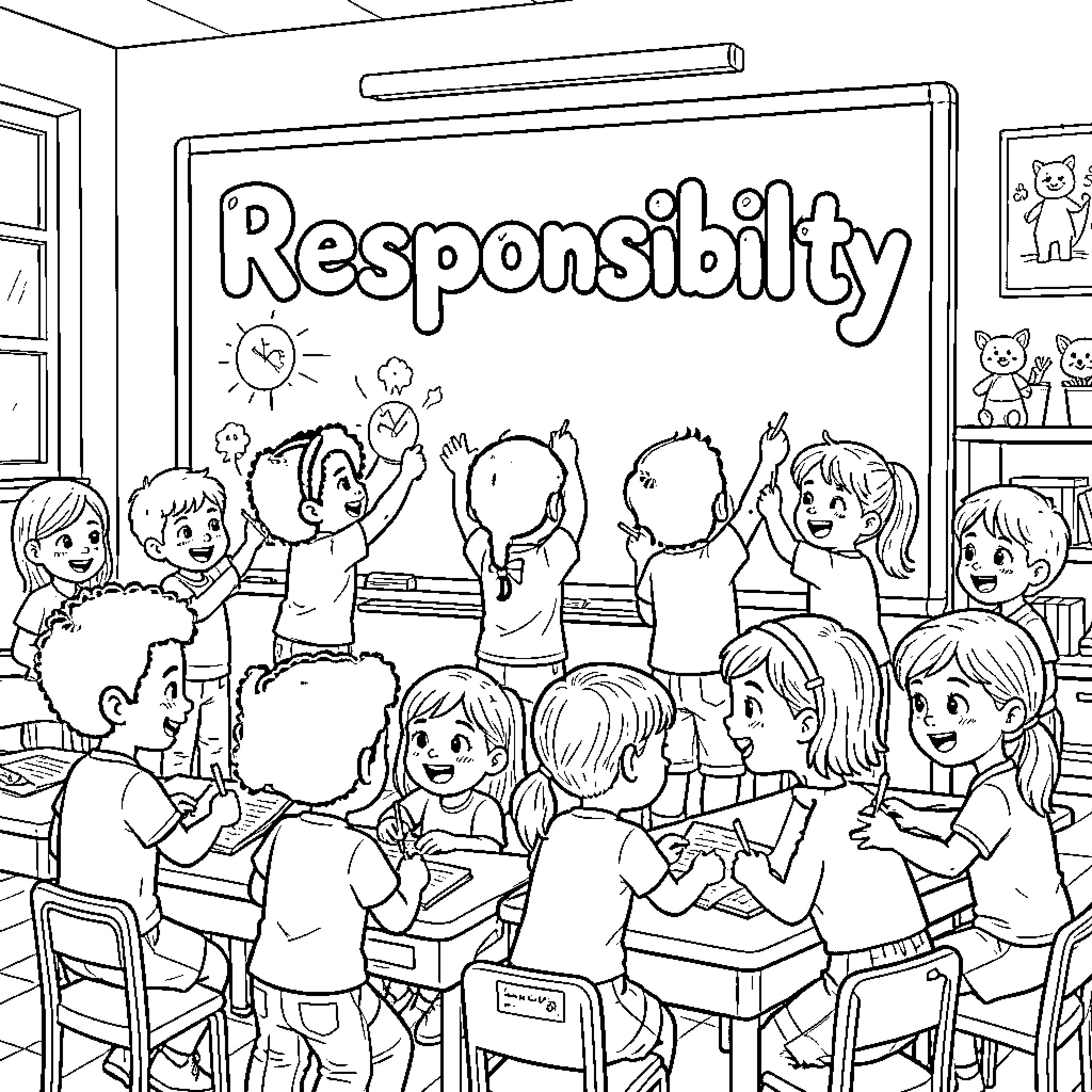 Student group learning and studying in a classroom Coloring Page (free black-and-white line drawing printable PDF for all, from beginners to advanced learners, including children, teens, adults, and seniors)