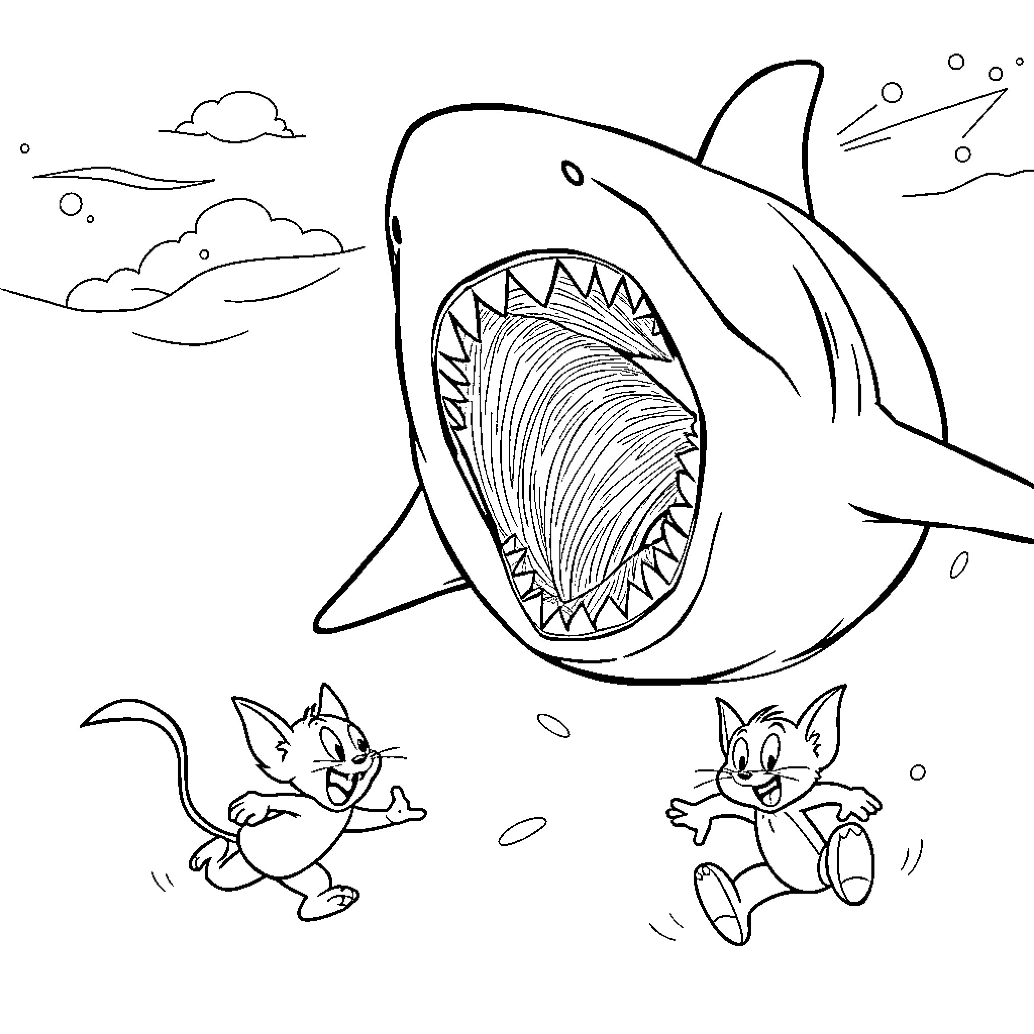 Shark chasing mischievous kittens in the ocean Coloring Page (free black-and-white line drawing printable PDF for all, from beginners to advanced learners, including children, teens, adults, and seniors)