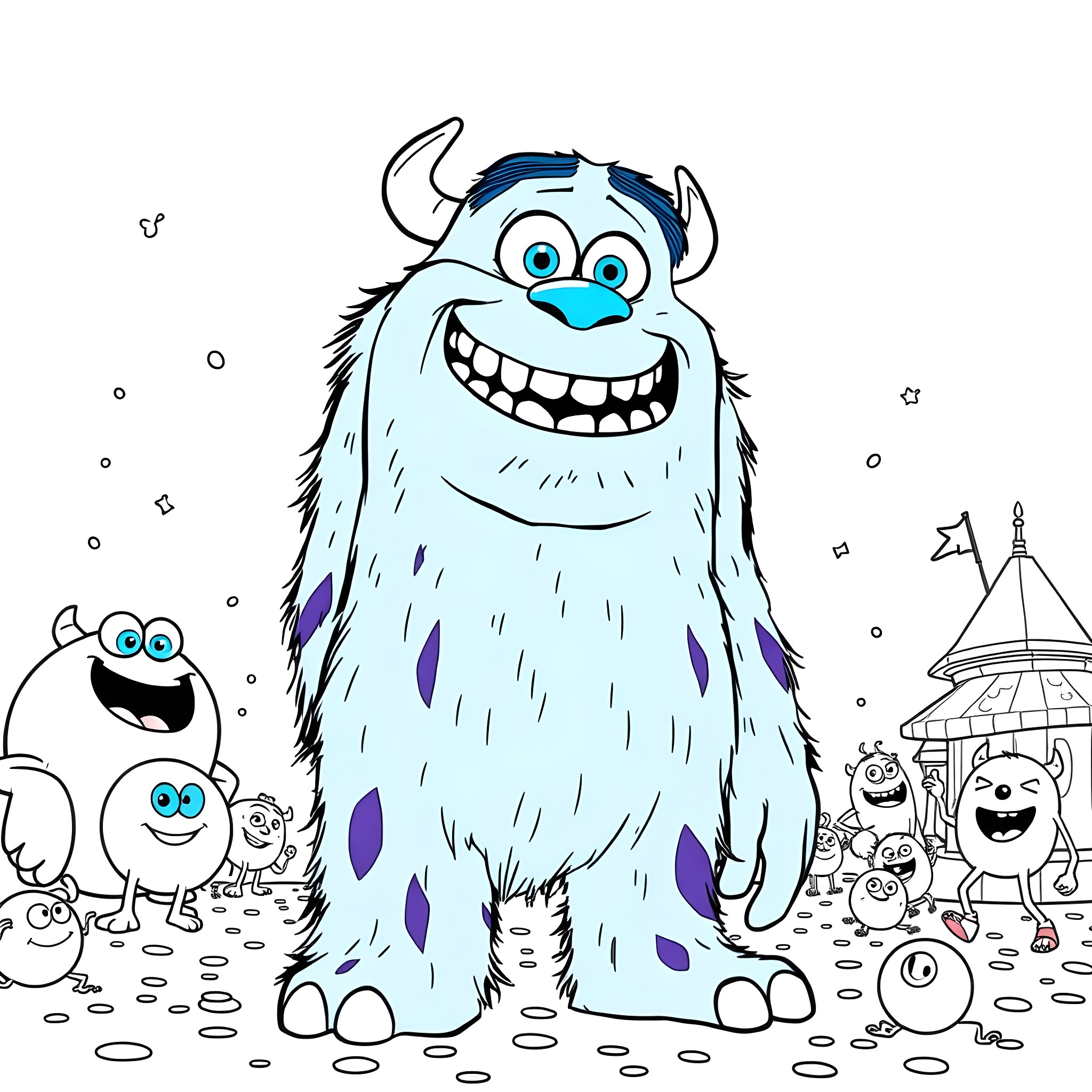 Sulley's Joyful Monster Gathering Coloring Page (free black-and-white line drawing printable PDF for all, from beginners to advanced learners, including children, teens, adults, and seniors)