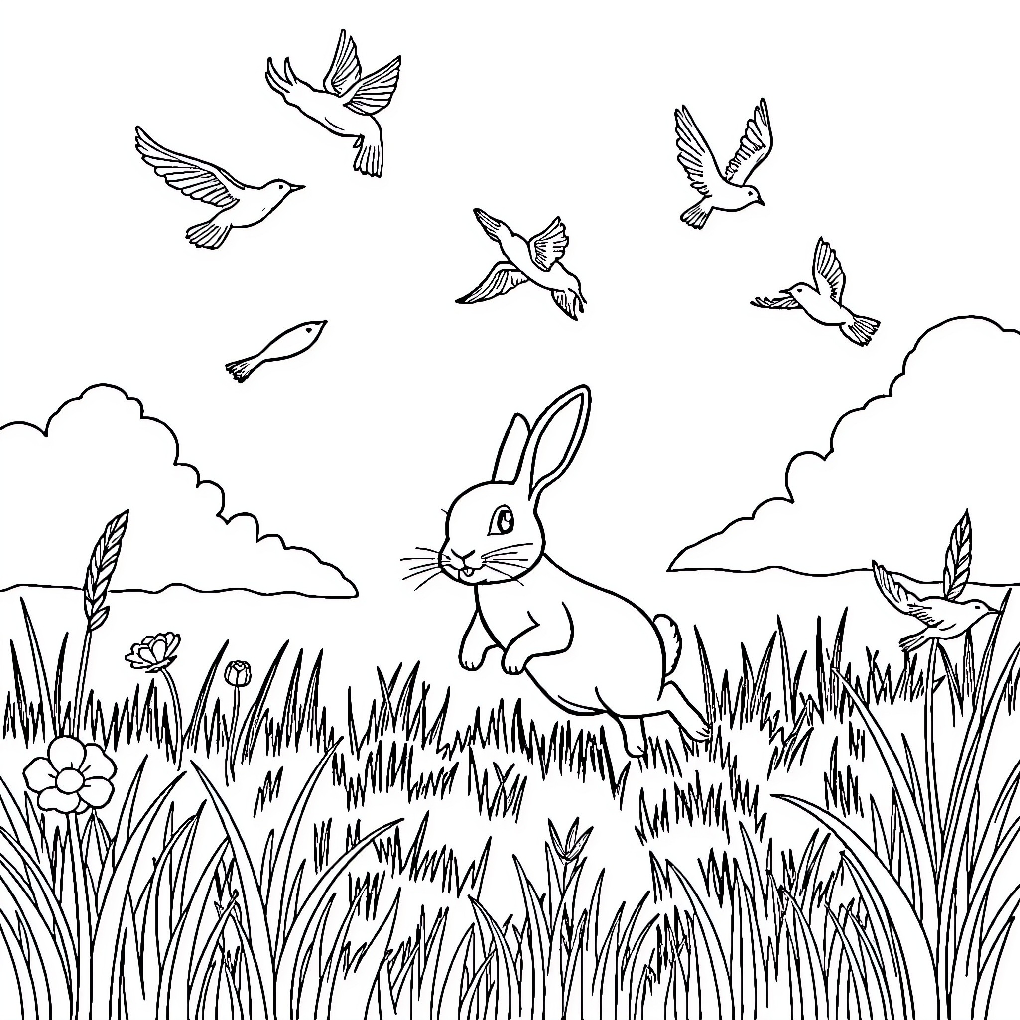 Rabbit hopping in a meadow with flying birds Coloring Page (free black-and-white line drawing printable PDF for all, from beginners to advanced learners, including children, teens, adults, and seniors)