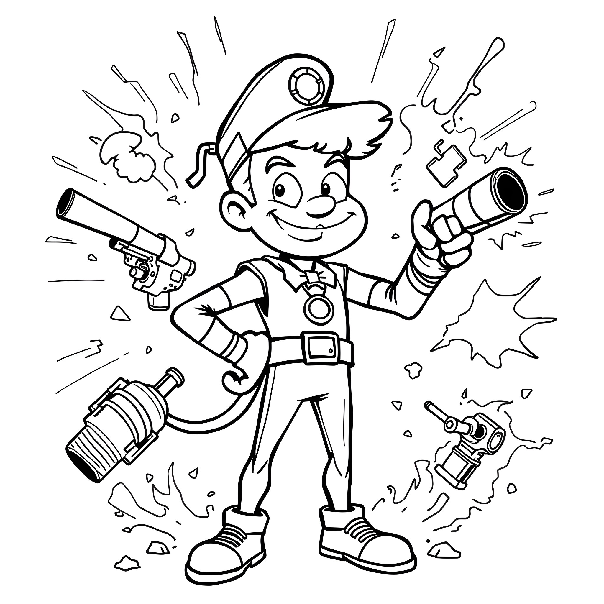 Bean playing with toy guns and explosions Coloring Page (free black-and-white line drawing printable PDF for all, from beginners to advanced learners, including children, teens, adults, and seniors)