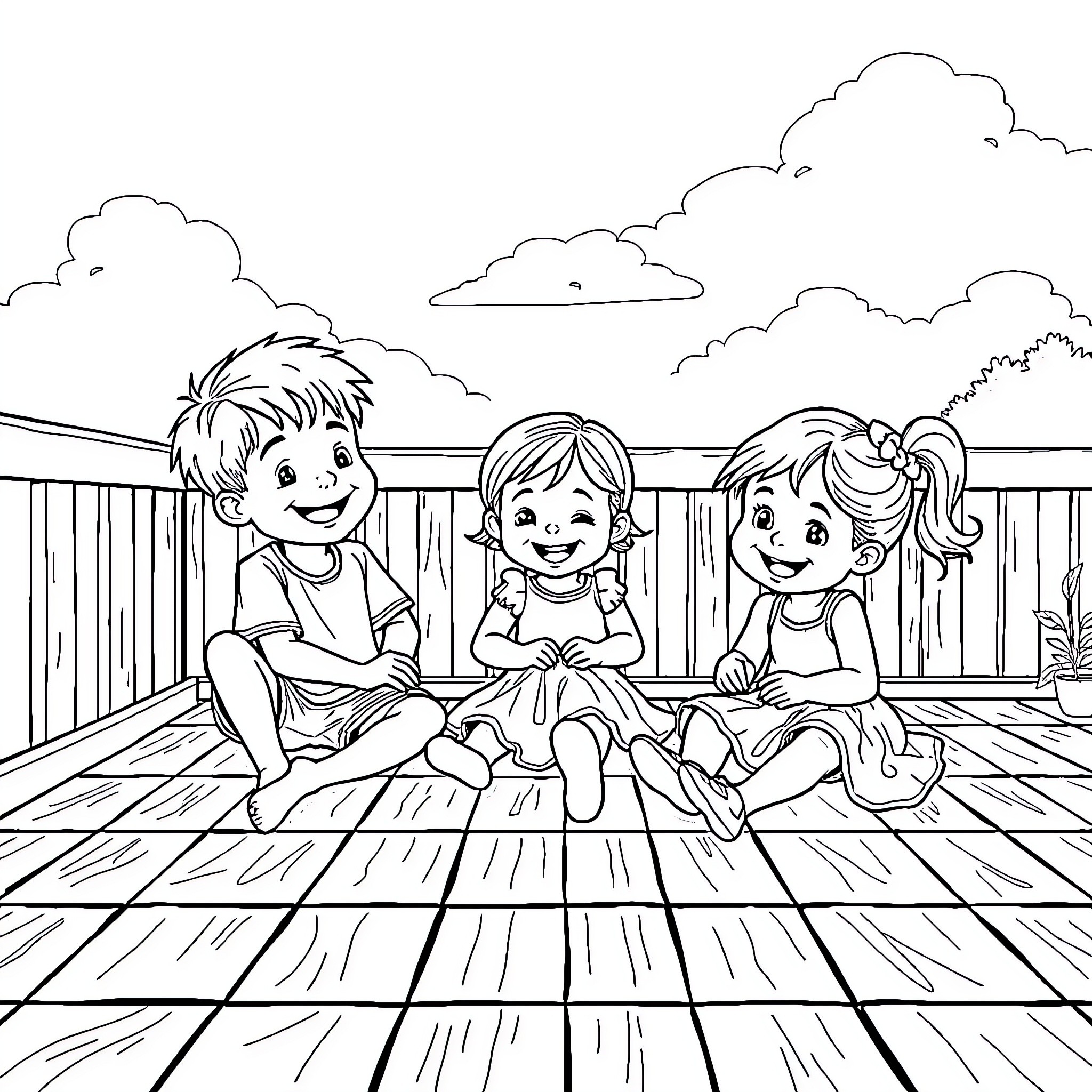Siblings relaxing and enjoying the outdoors Coloring Page (free black-and-white line drawing printable PDF for all, from beginners to advanced learners, including children, teens, adults, and seniors)