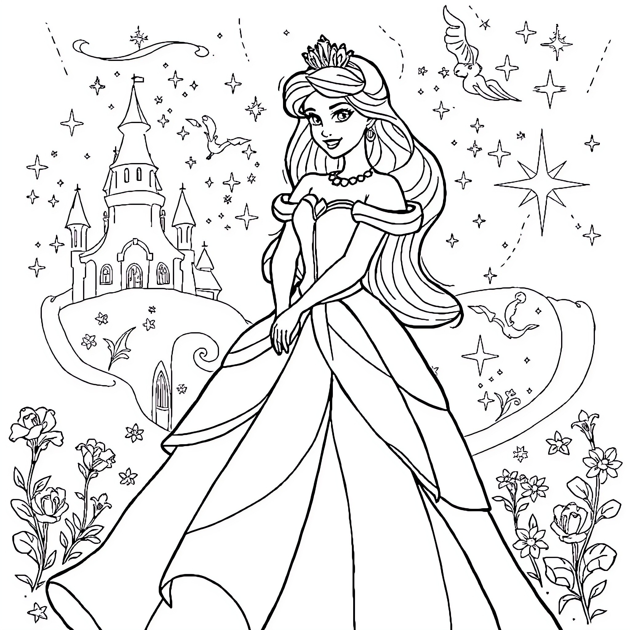 Princess in a Magical Fairytale Setting Coloring Page (free black-and-white line drawing printable PDF for all, from beginners to advanced learners, including children, teens, adults, and seniors)