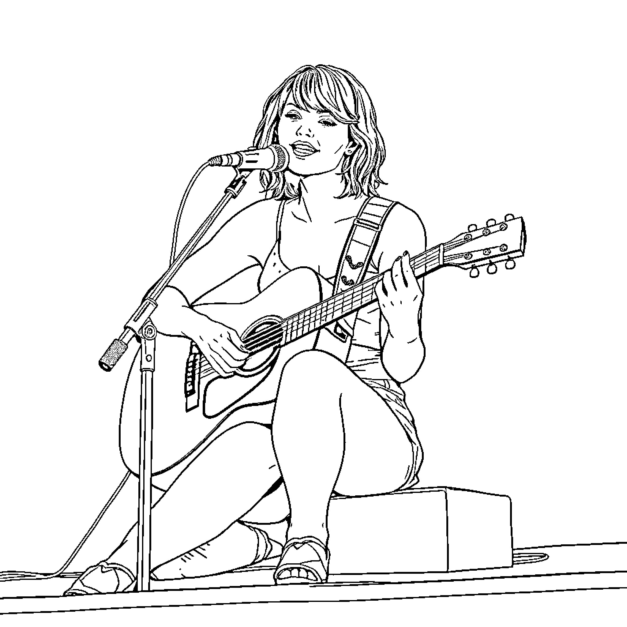 Taylor Swift performing with guitar on stage Coloring Page (free black-and-white line drawing printable PDF for all, from beginners to advanced learners, including children, teens, adults, and seniors)