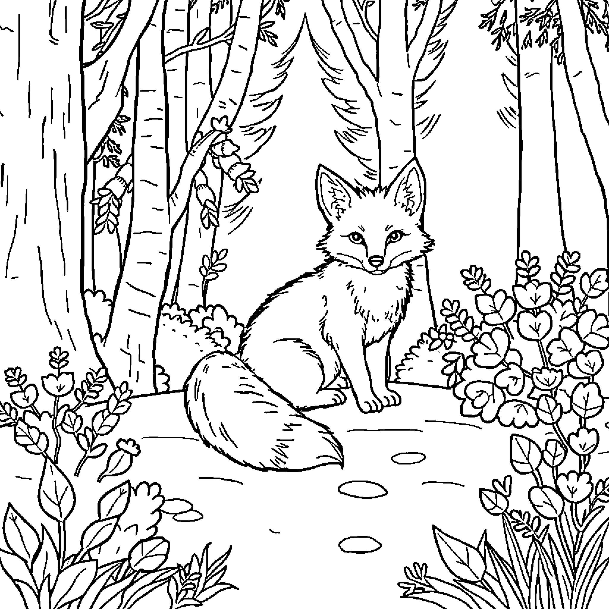 Fox sitting calmly in a lush forest Coloring Page (free black-and-white line drawing printable PDF for all, from beginners to advanced learners, including children, teens, adults, and seniors)