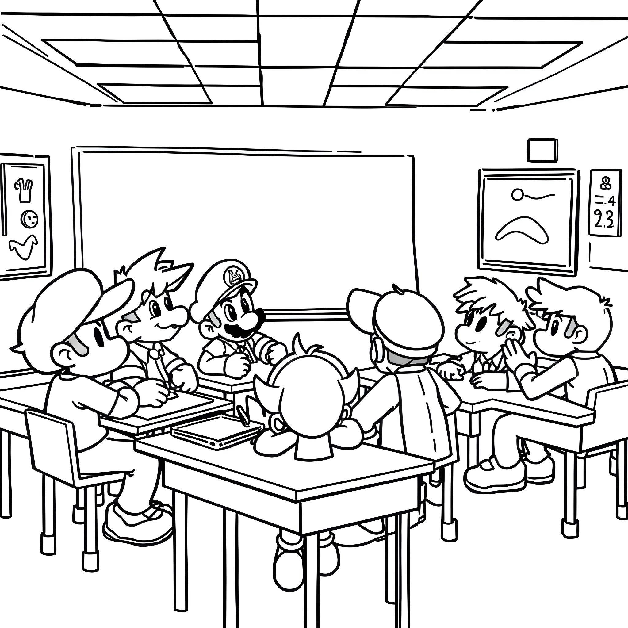 Smash Brothers characters in a classroom setting Coloring Page (free black-and-white line drawing printable PDF for all, from beginners to advanced learners, including children, teens, adults, and seniors)