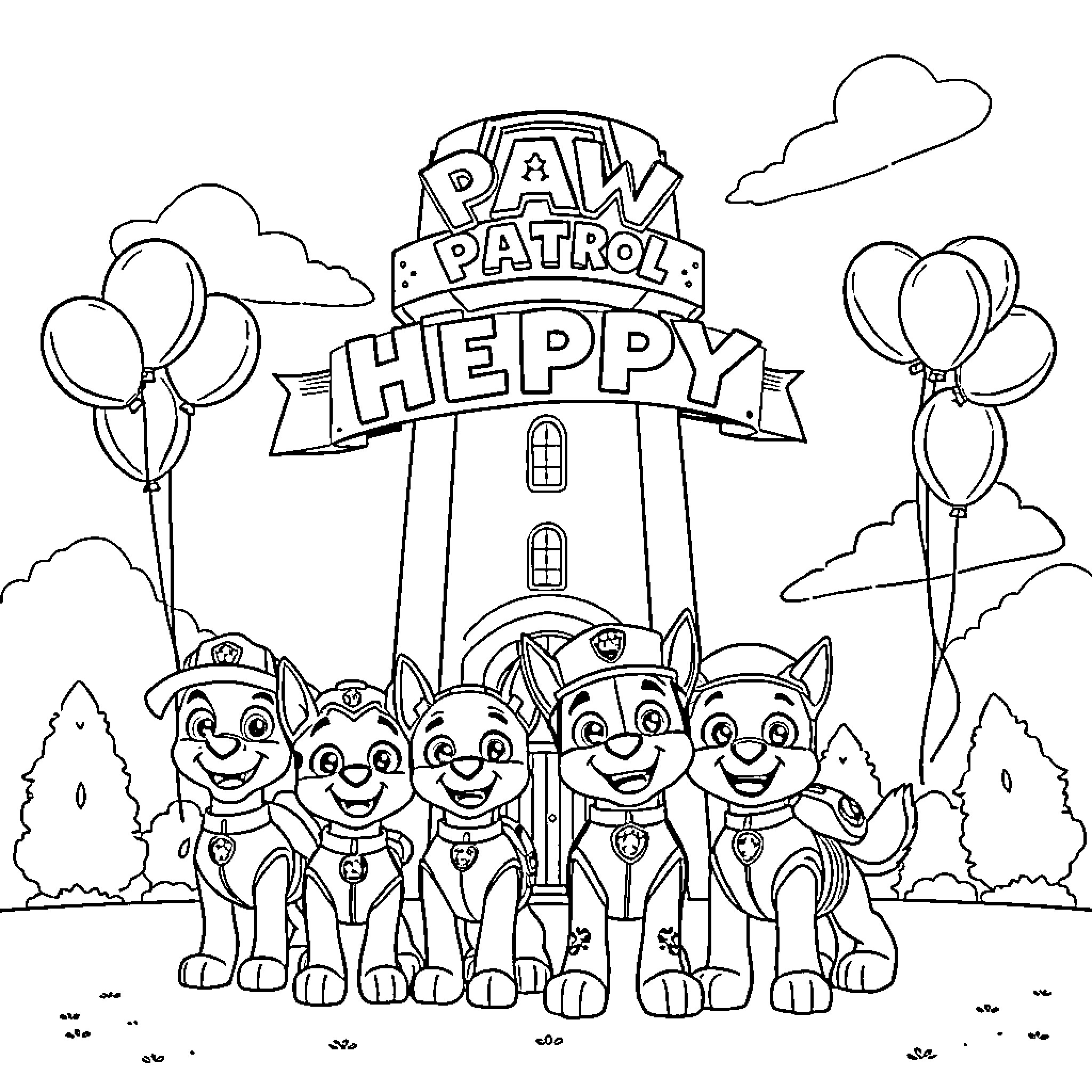 Paw Patrol characters in an exciting adventure Coloring Page (free black-and-white line drawing printable PDF for all, from beginners to advanced learners, including children, teens, adults, and seniors)