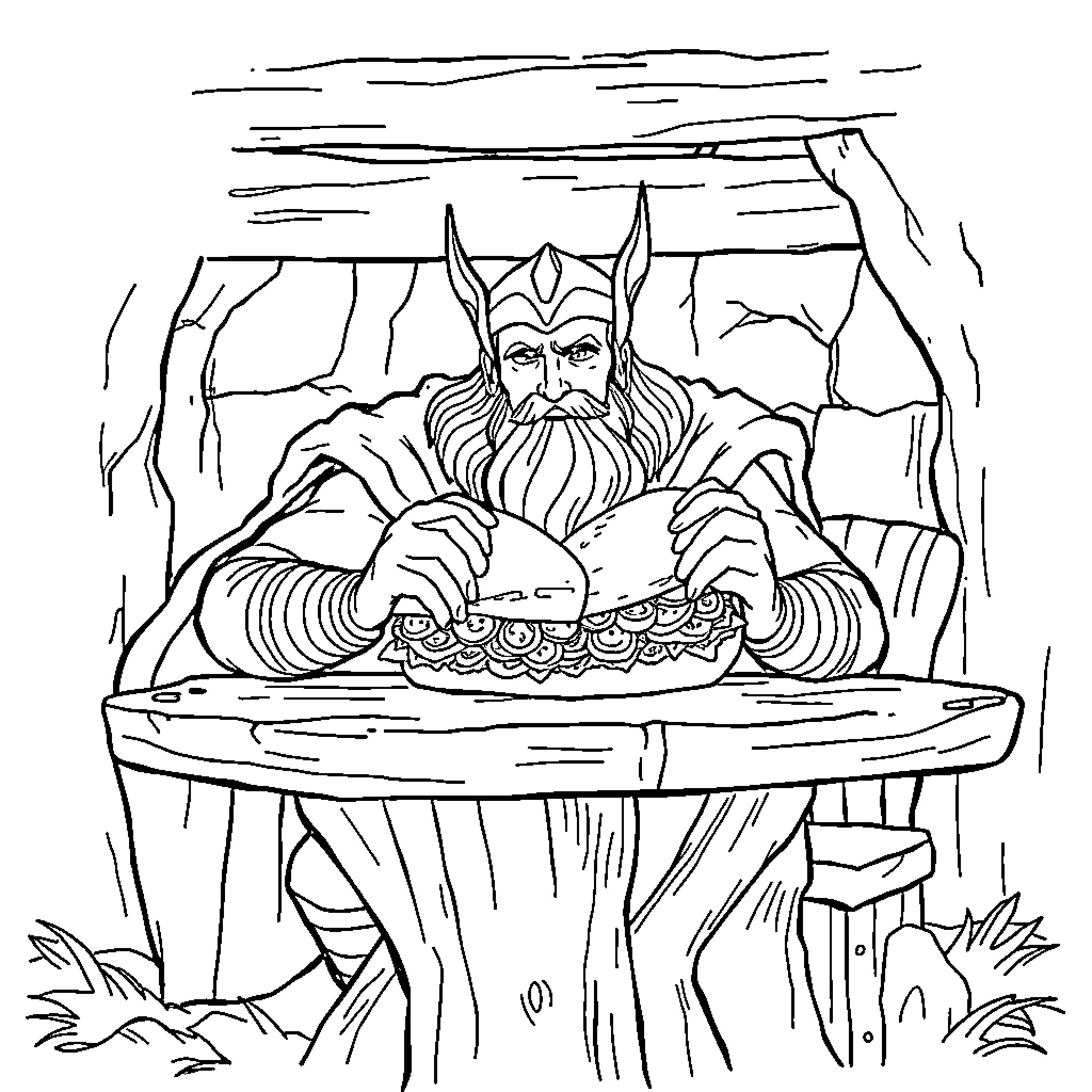 Thor dining in a grand hall Coloring Page (free black-and-white line drawing printable PDF for all, from beginners to advanced learners, including children, teens, adults, and seniors)
