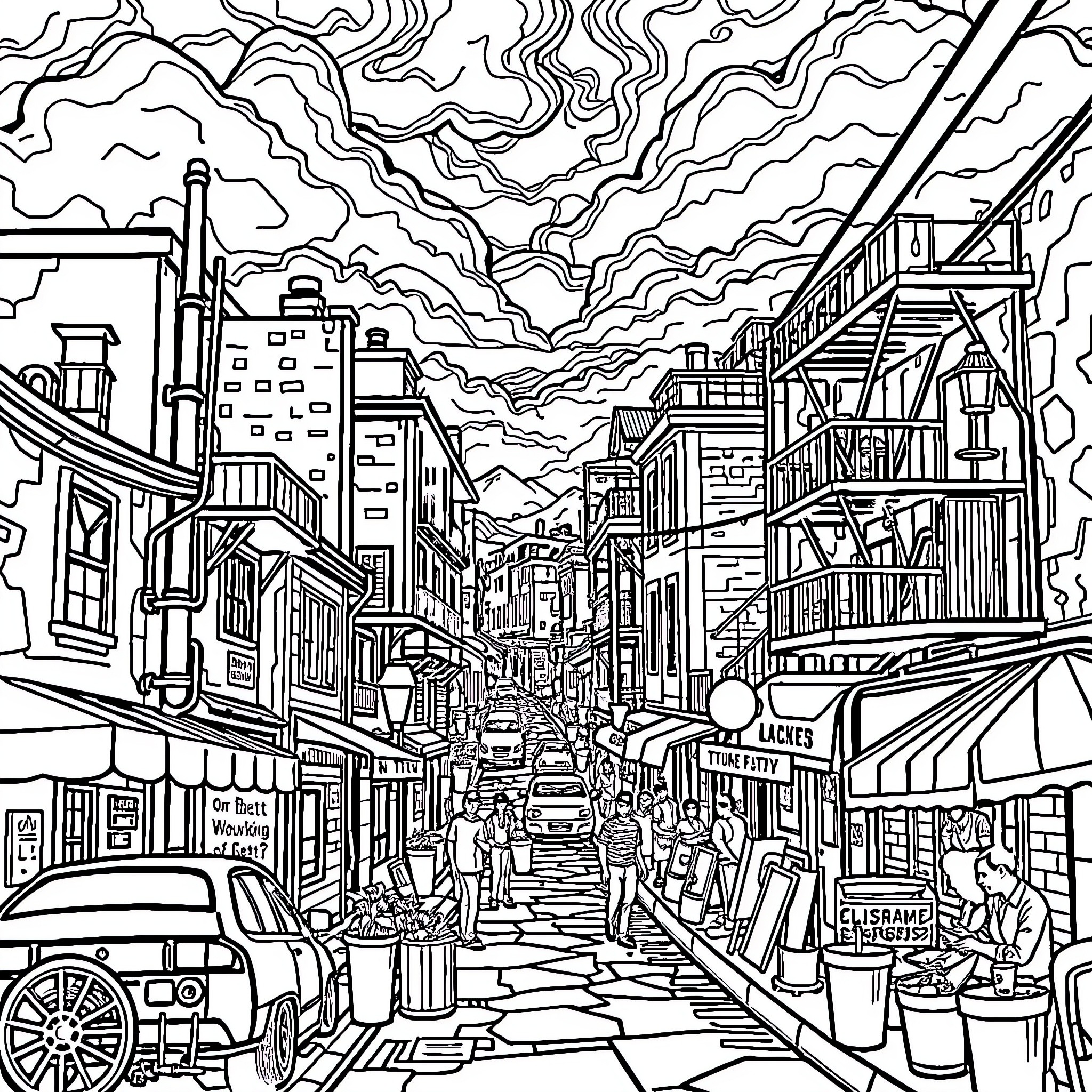 Landscape of a bustling city street scene Coloring Page (free black-and-white line drawing printable PDF for all, from beginners to advanced learners, including children, teens, adults, and seniors)