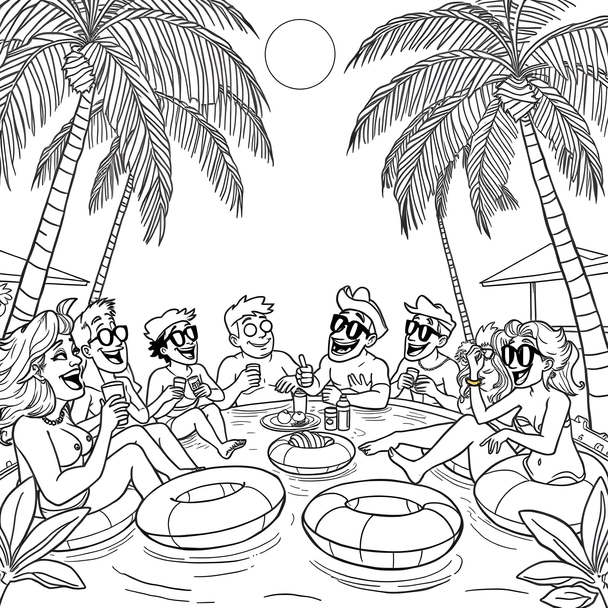 Character Enjoying Tropical Beach Party with Friends Coloring Page (free black-and-white line drawing printable PDF for all, from beginners to advanced learners, including children, teens, adults, and seniors)