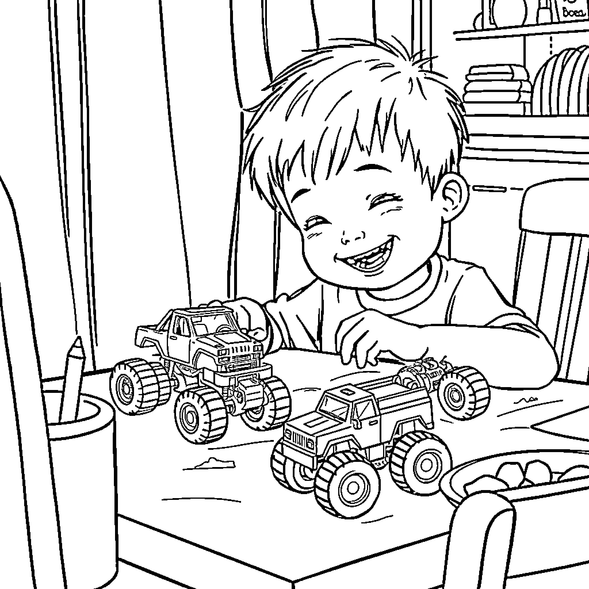 Child playing happily with toy trucks Coloring Page (free black-and-white line drawing printable PDF for all, from beginners to advanced learners, including children, teens, adults, and seniors)