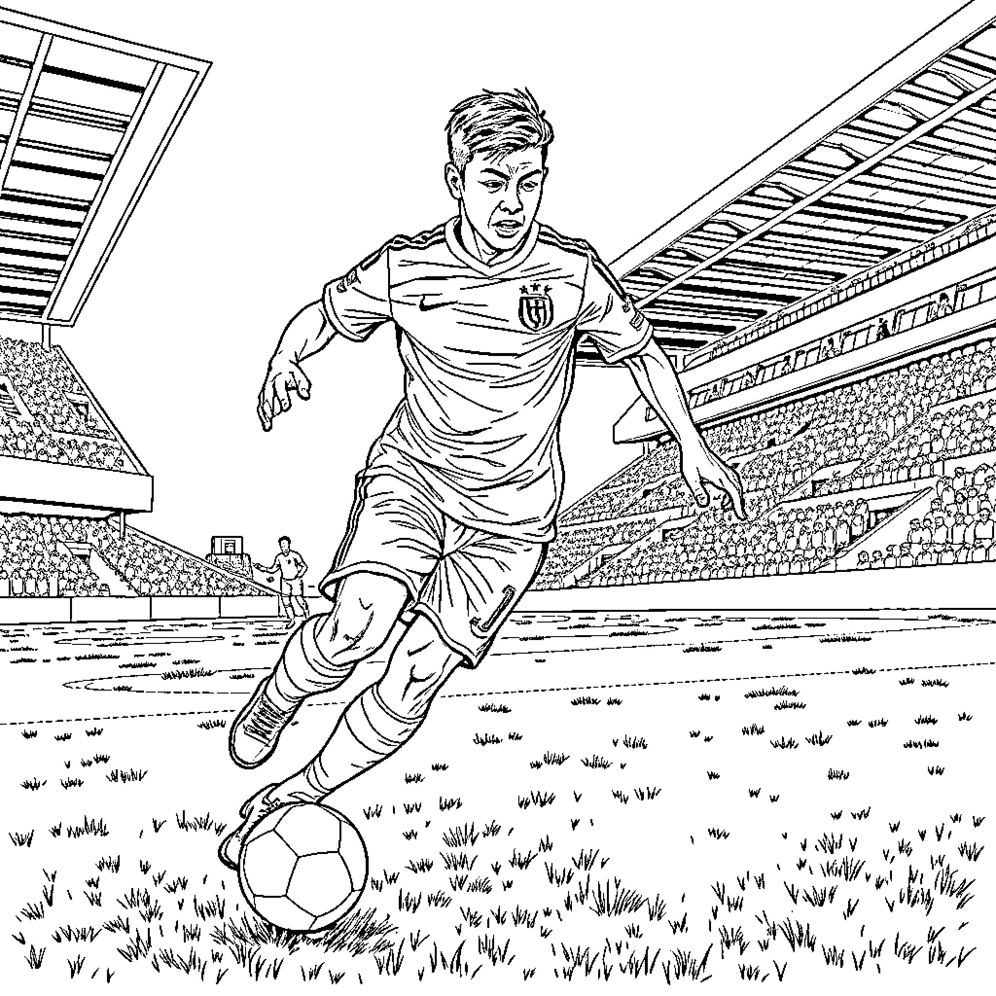 Lamine Yamal scoring a goal on the soccer field Coloring Page (free black-and-white line drawing printable PDF for all, from beginners to advanced learners, including children, teens, adults, and seniors)