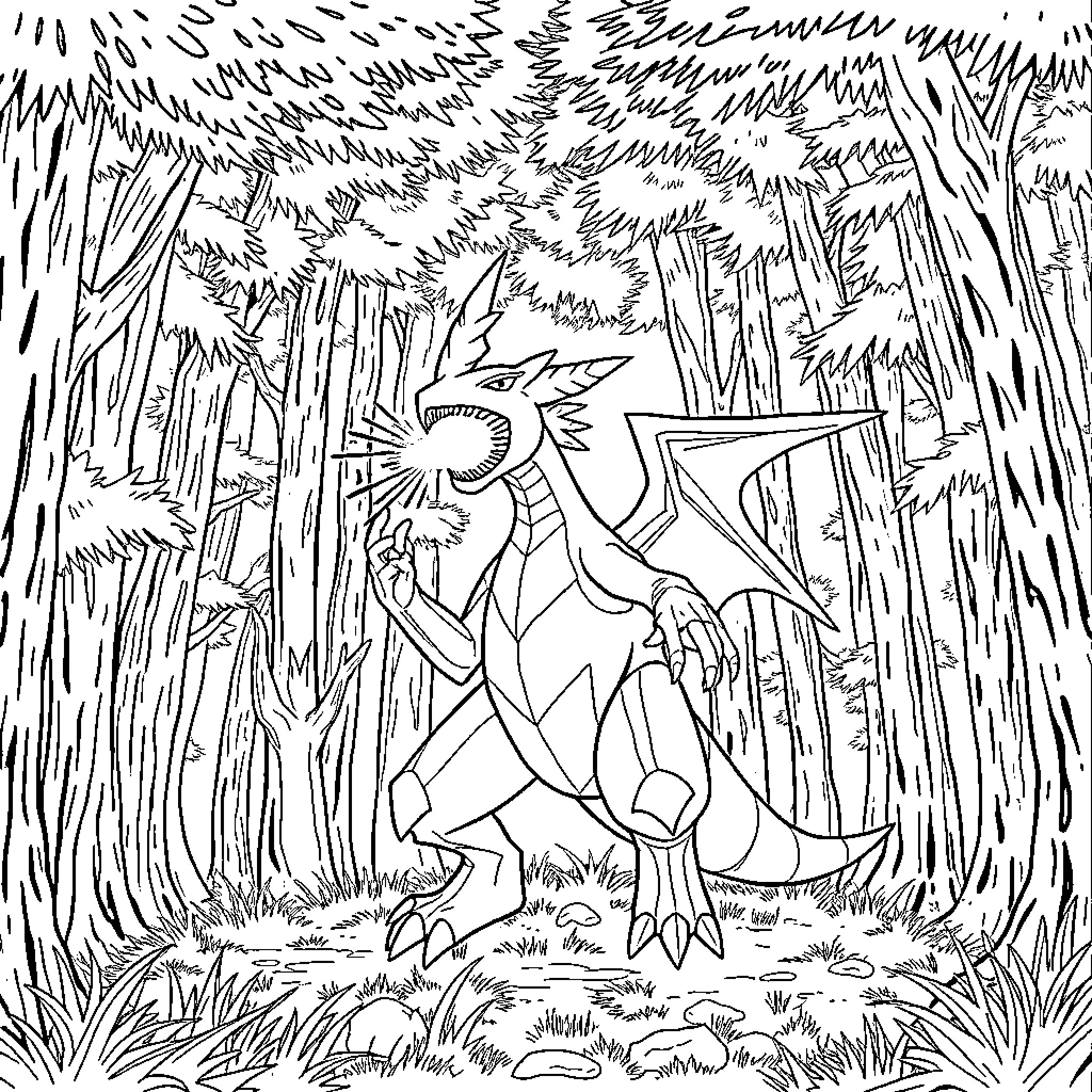Tyrannomon stalking through the dense forest Coloring Page (free black-and-white line drawing printable PDF for all, from beginners to advanced learners, including children, teens, adults, and seniors)