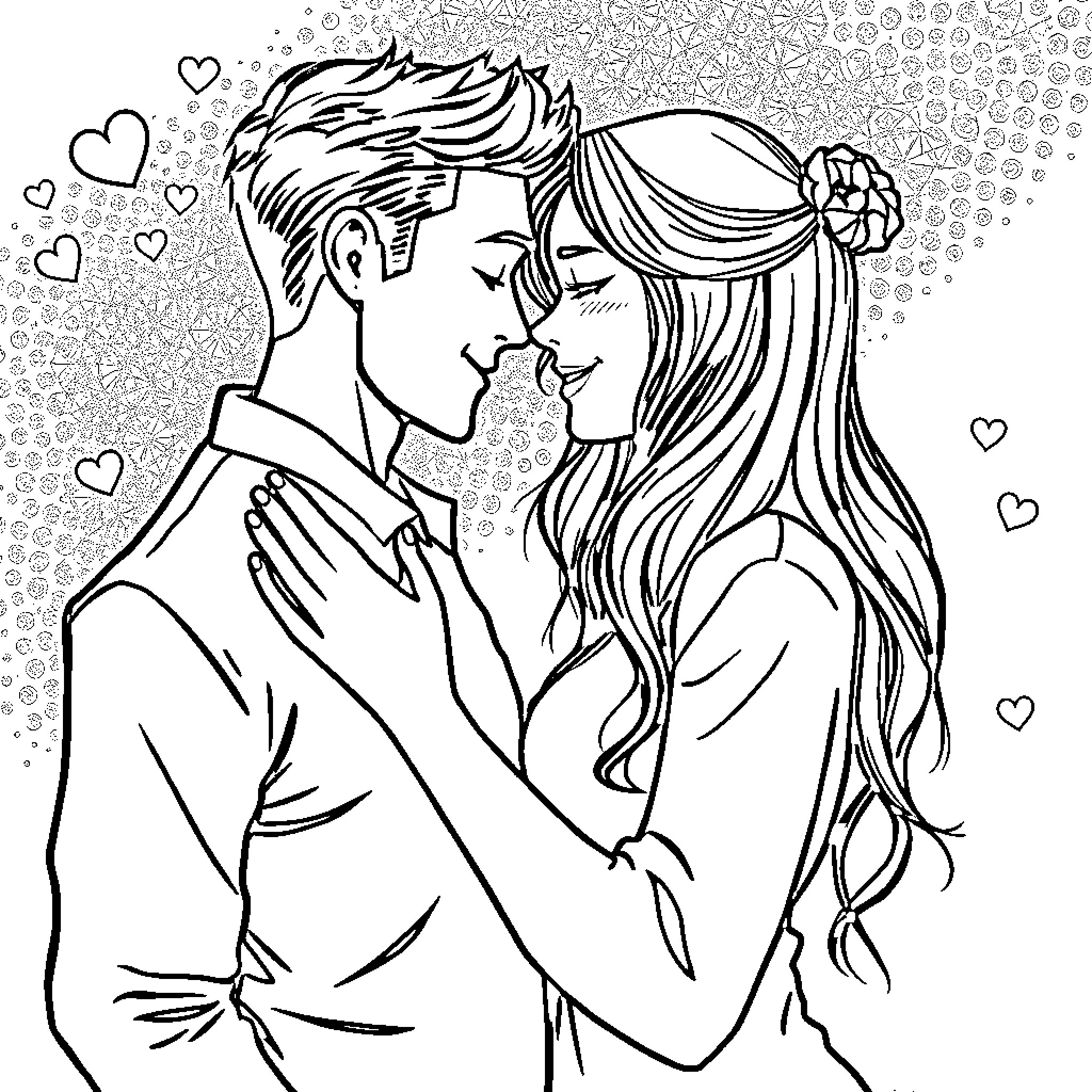 Love's Embrace: Affectionate Couple's Tender Moment Coloring Page (free black-and-white line drawing printable PDF for all, from beginners to advanced learners, including children, teens, adults, and seniors)