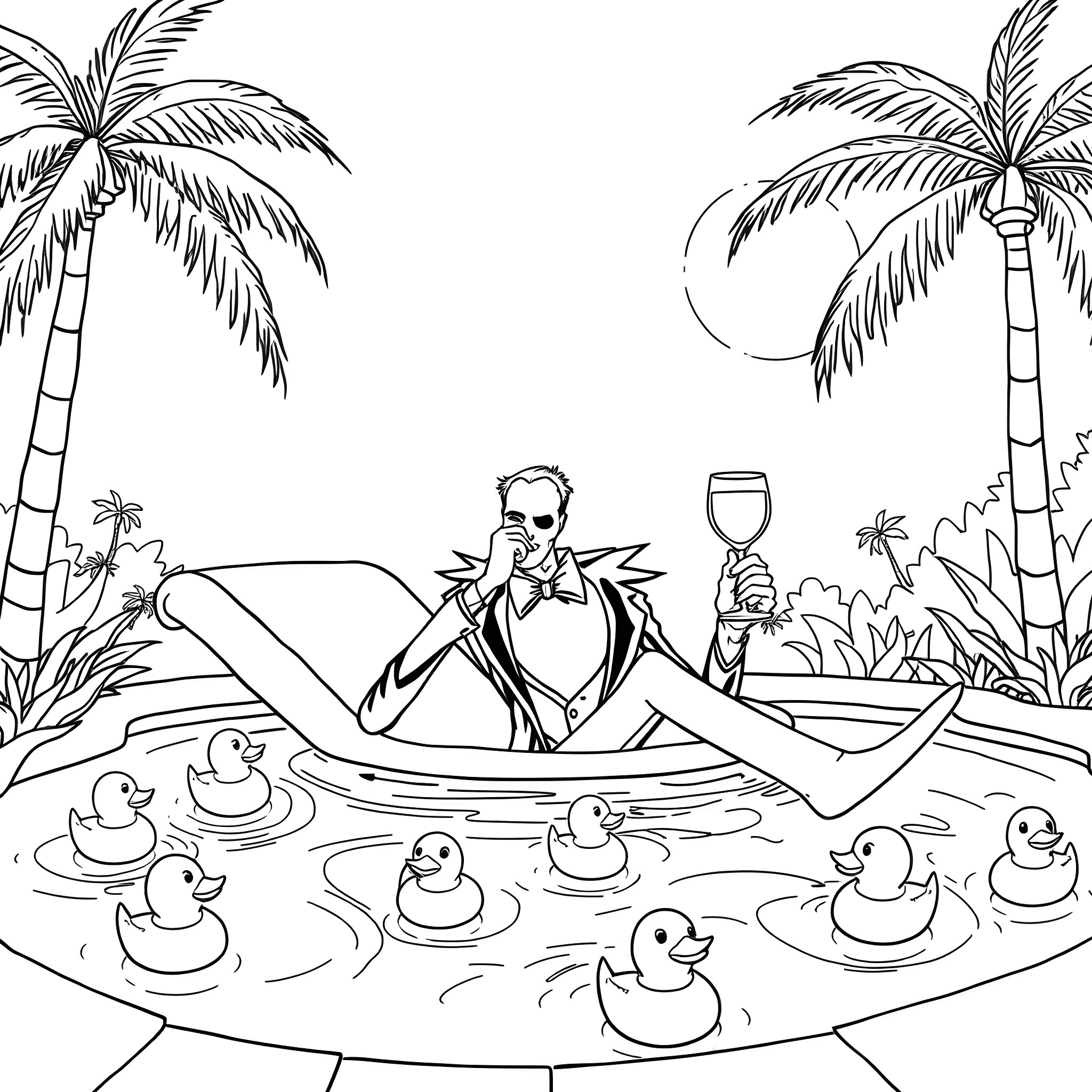 Beetlejuice relaxing in a tropical pool with rubber duckies Coloring Page (free black-and-white line drawing printable PDF for all, from beginners to advanced learners, including children, teens, adults, and seniors)
