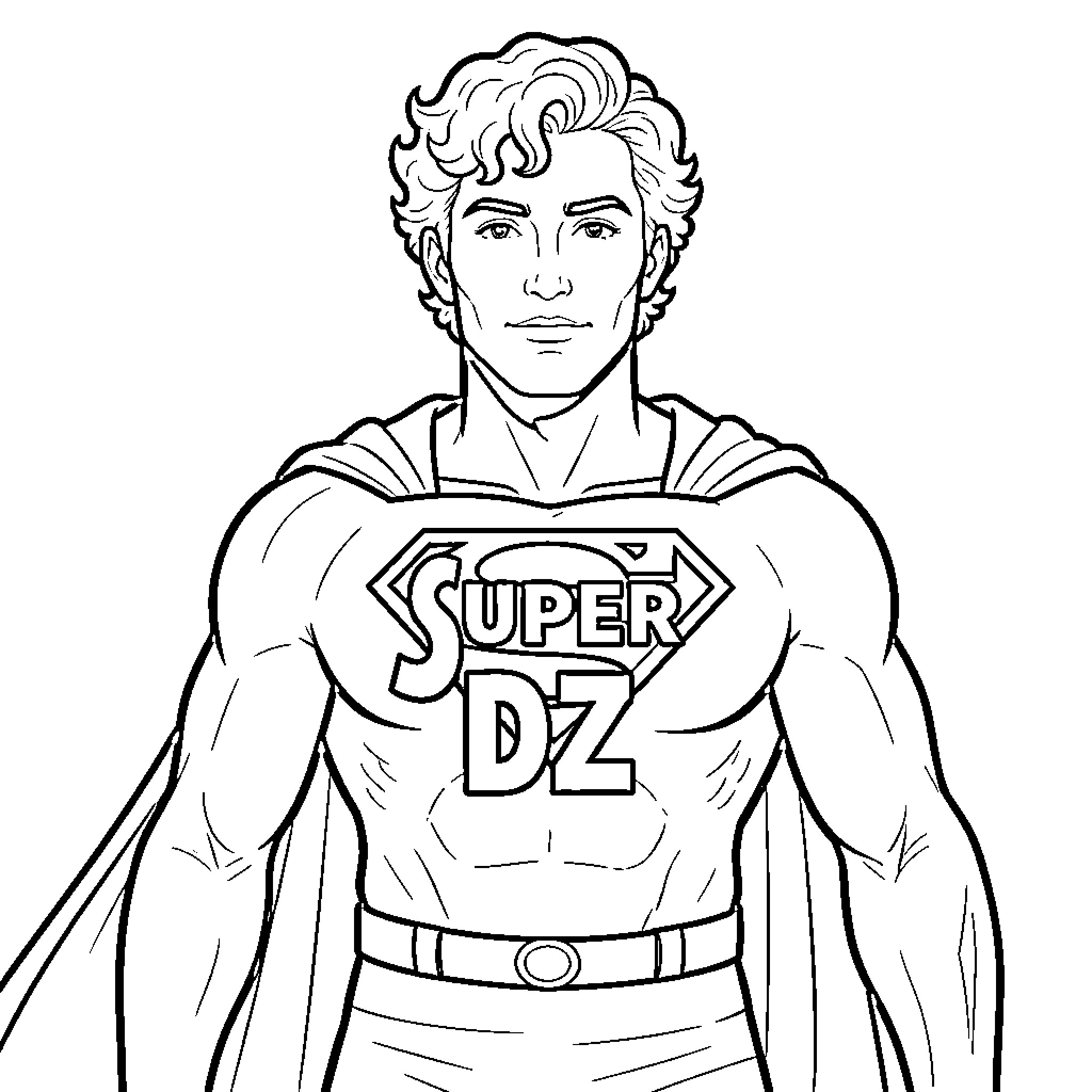 Superman standing heroically in his iconic superhero costume Coloring Page (free black-and-white line drawing printable PDF for all, from beginners to advanced learners, including children, teens, adults, and seniors)