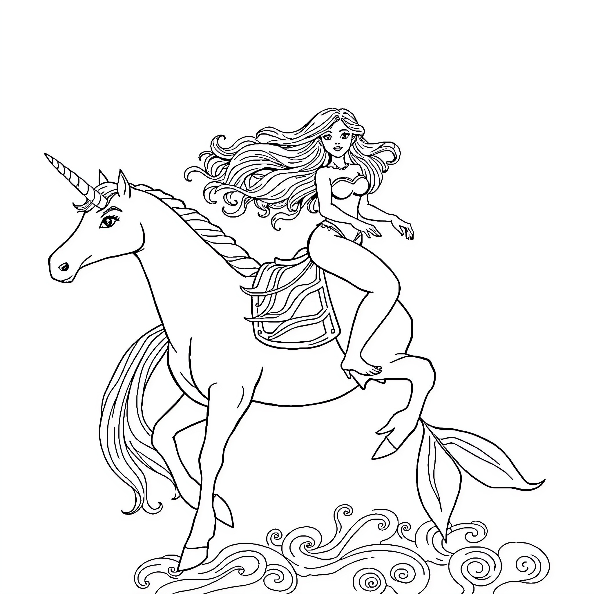 Mermaid riding a magical unicorn Coloring Page (free black-and-white line drawing printable PDF for all, from beginners to advanced learners, including children, teens, adults, and seniors)
