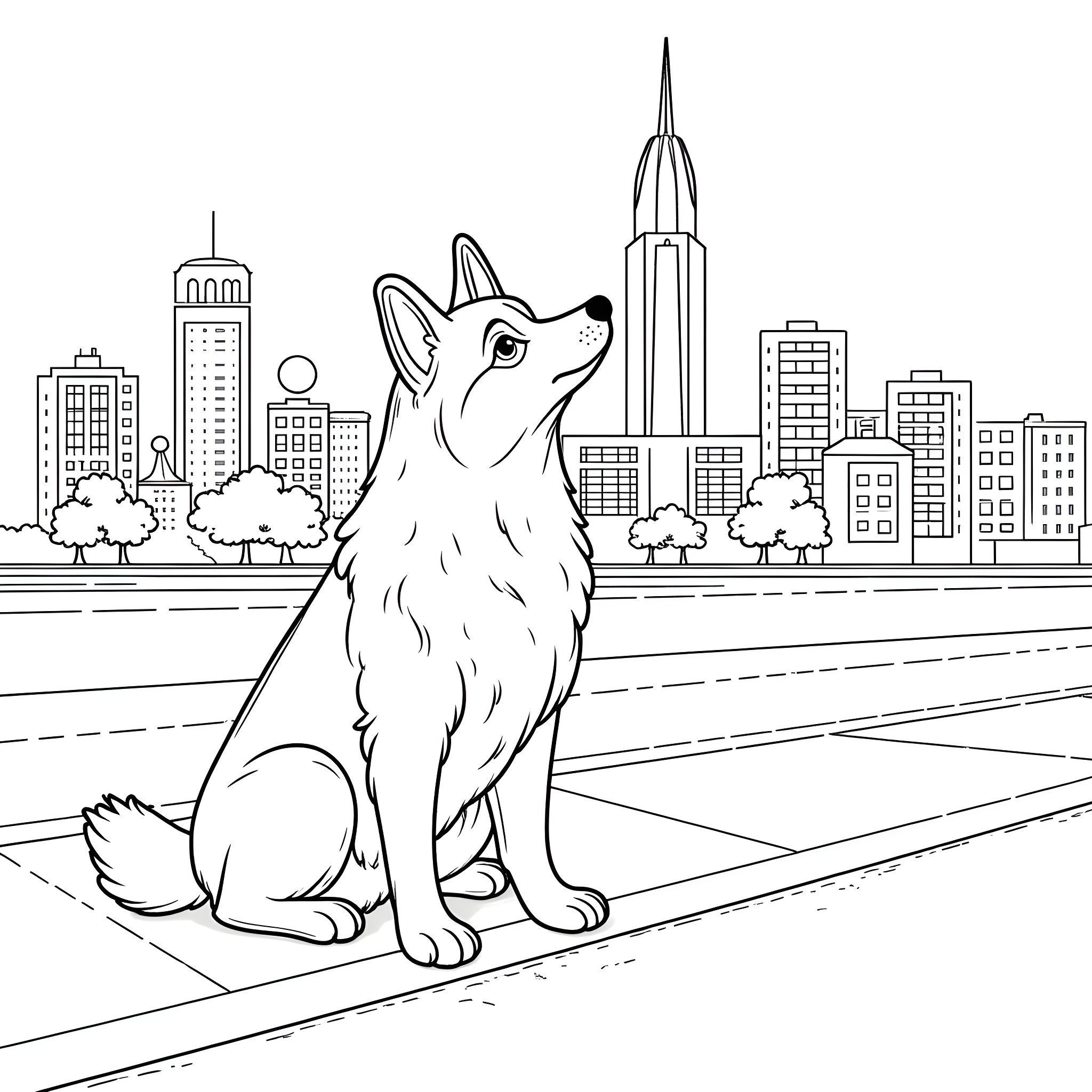 Husky sitting proudly in the city skyline Coloring Page (free black-and-white line drawing printable PDF for all, from beginners to advanced learners, including children, teens, adults, and seniors)