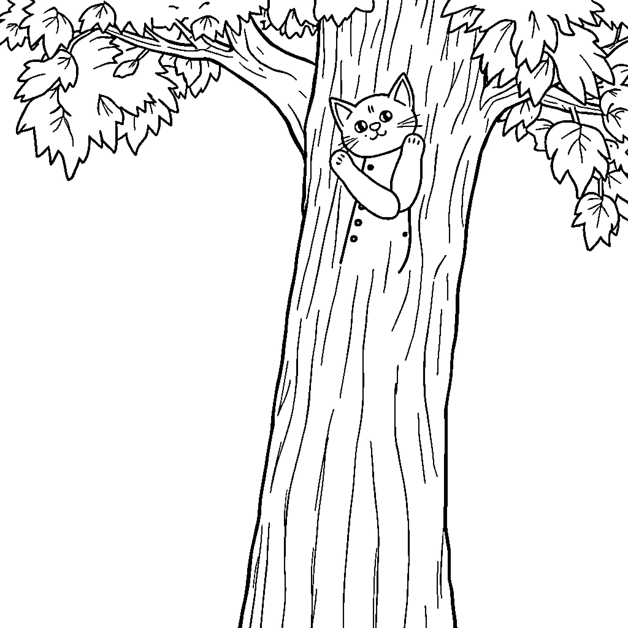 Cat peering out from a tree trunk Coloring Page (free black-and-white line drawing printable PDF for all, from beginners to advanced learners, including children, teens, adults, and seniors)