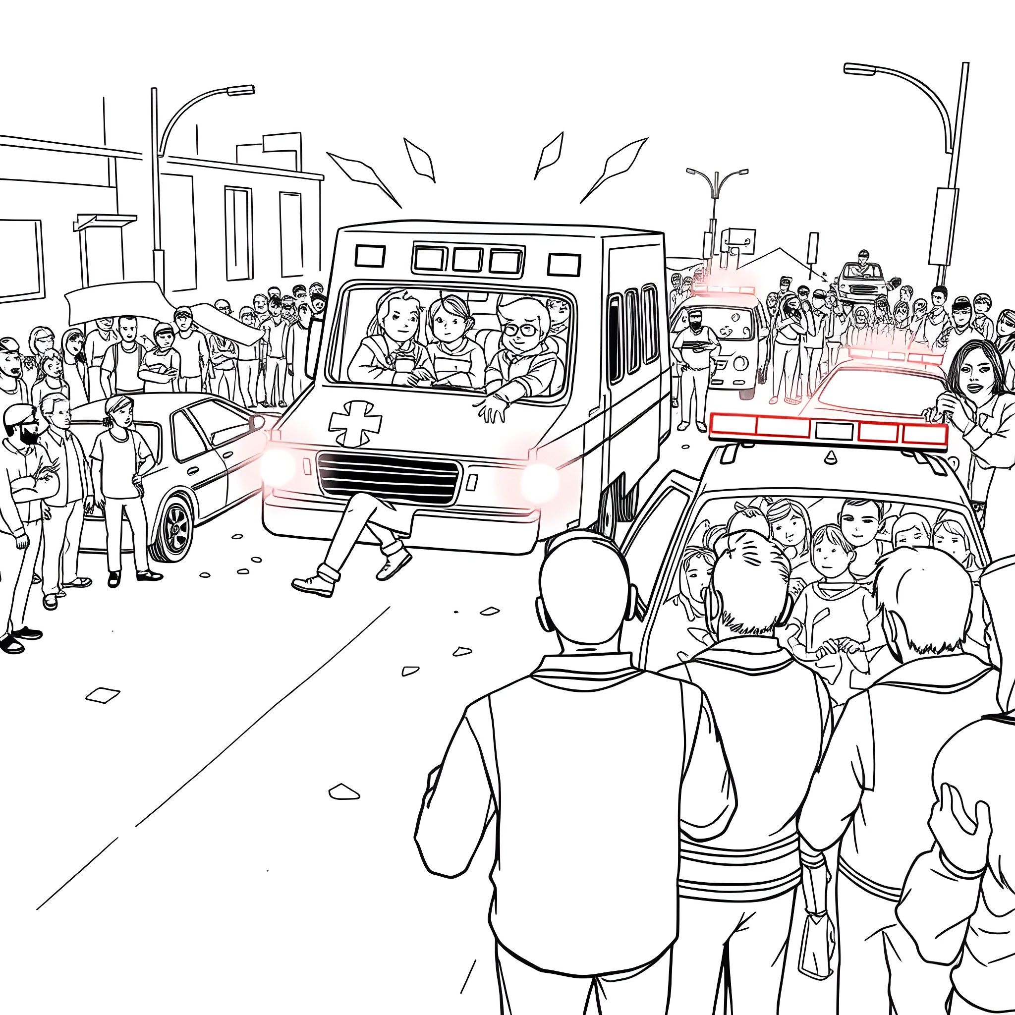 Crowded Street Scene with Emergency Vehicles Coloring Page (free black-and-white line drawing printable PDF for all, from beginners to advanced learners, including children, teens, adults, and seniors)