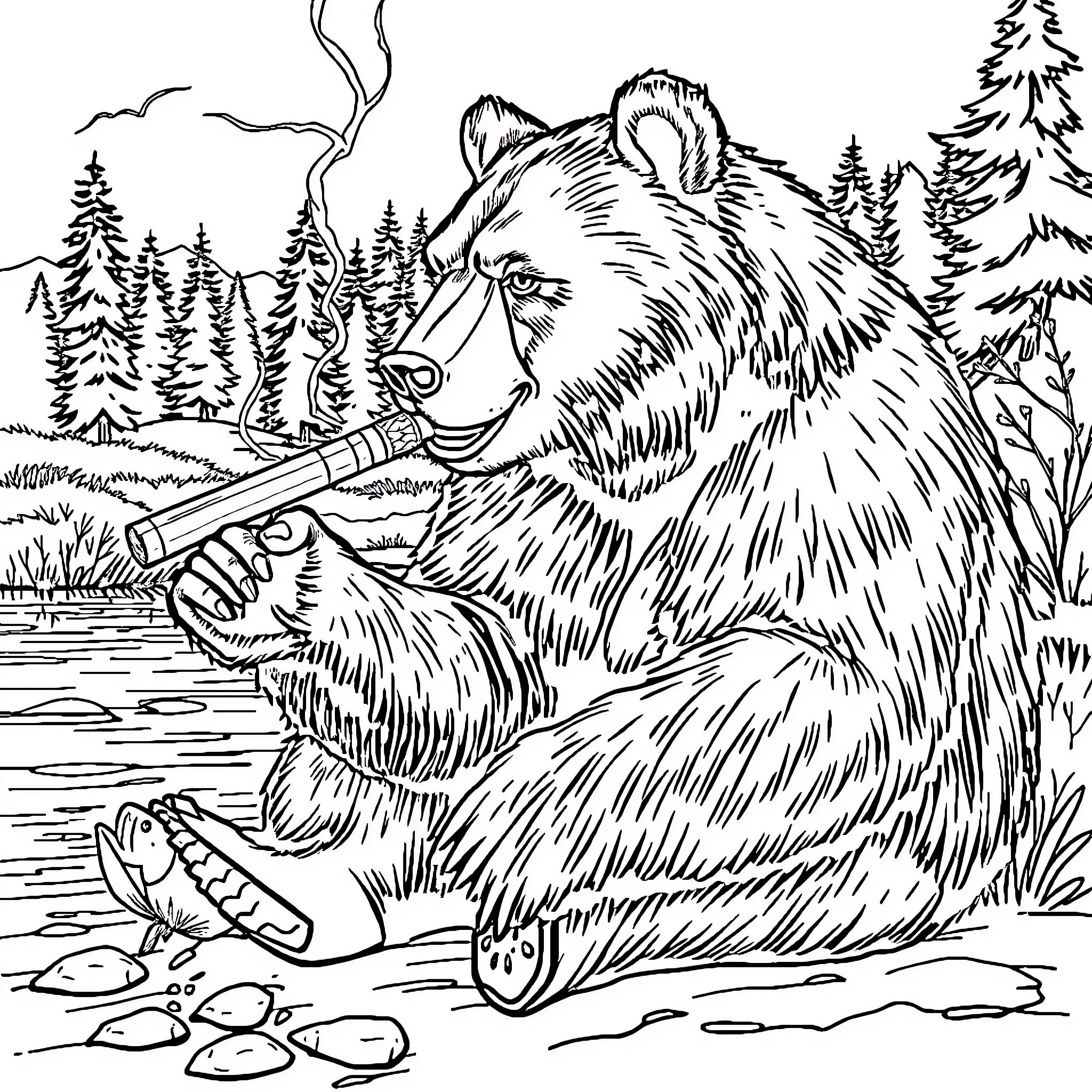 Bear fishing alone in the wilderness Coloring Page (free black-and-white line drawing printable PDF for all, from beginners to advanced learners, including children, teens, adults, and seniors)