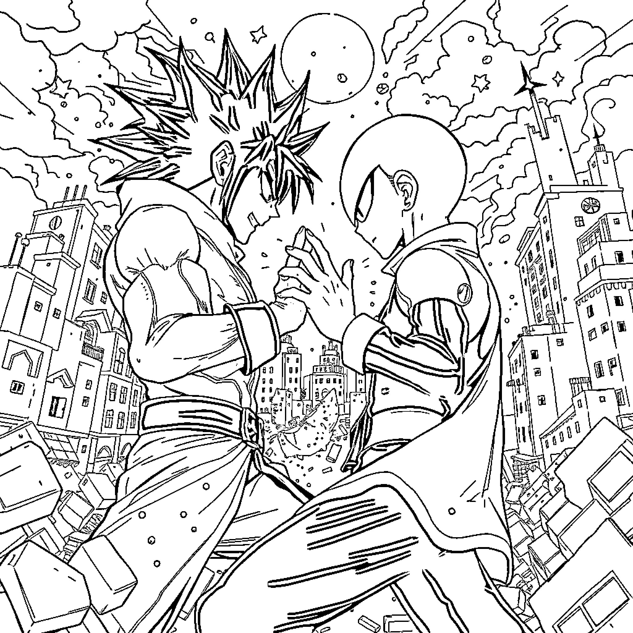 Akaza's Destructive Rampage Through the City Coloring Page (free black-and-white line drawing printable PDF for all, from beginners to advanced learners, including children, teens, adults, and seniors)