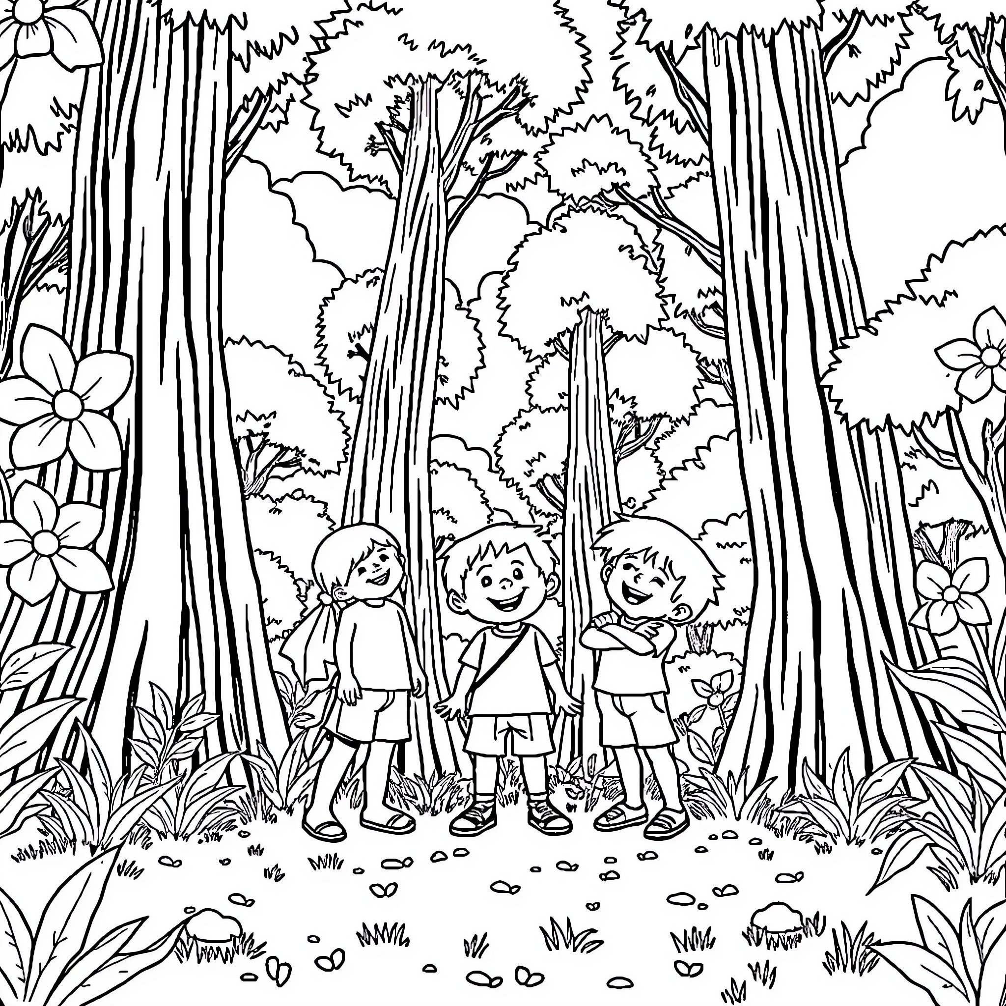 Child friends exploring enchanted forest Coloring Page (free black-and-white line drawing printable PDF for all, from beginners to advanced learners, including children, teens, adults, and seniors)