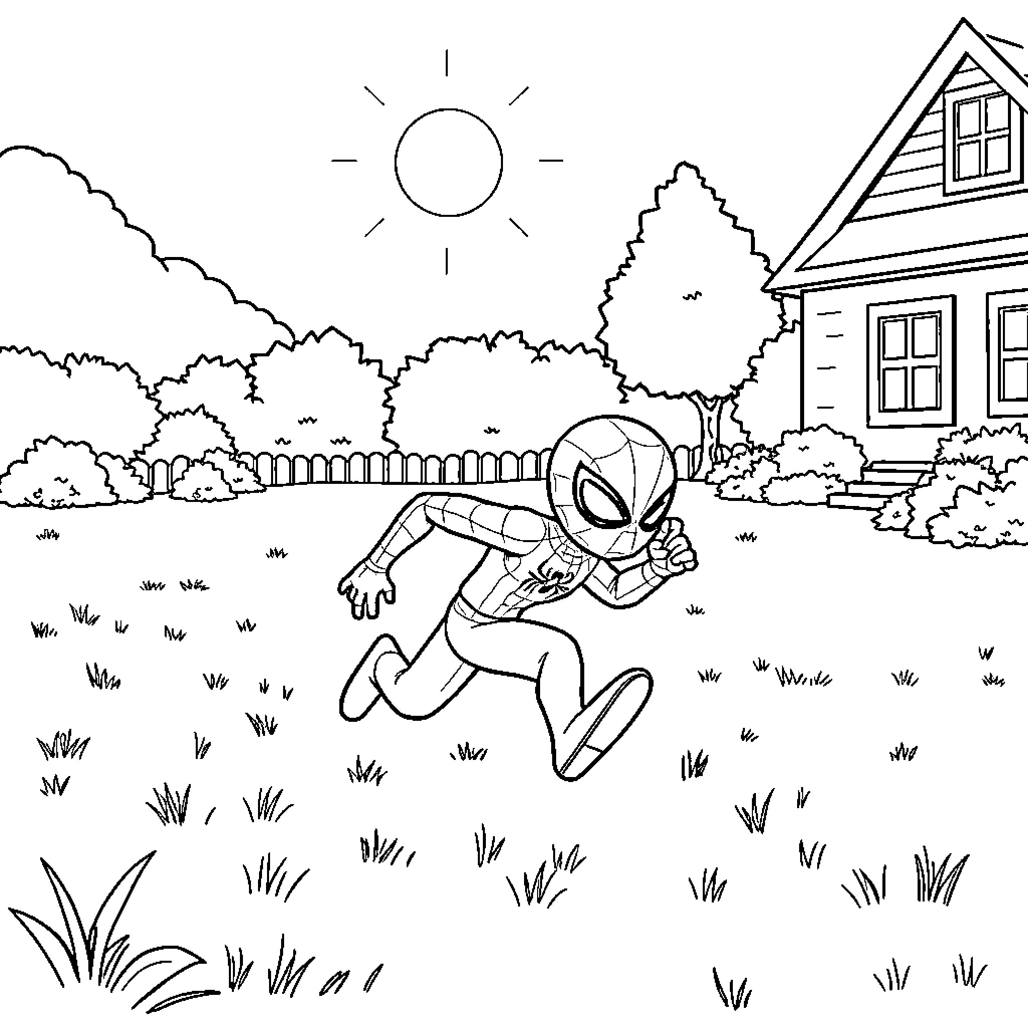Spiderman swinging through the neighborhood Coloring Page (free black-and-white line drawing printable PDF for all, from beginners to advanced learners, including children, teens, adults, and seniors)