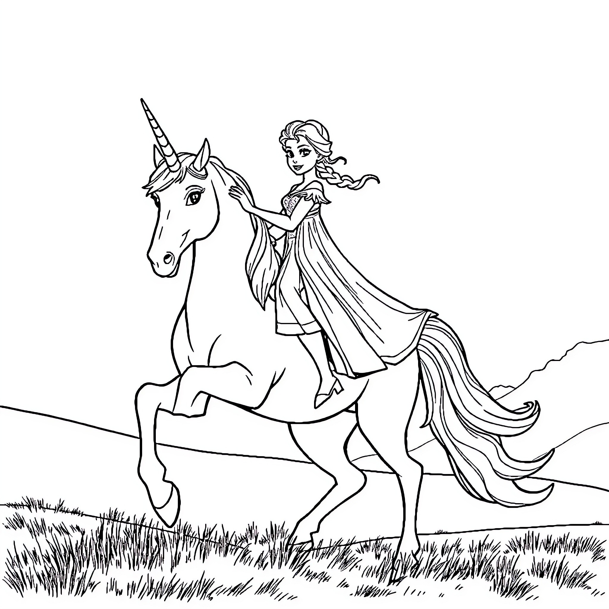 Elsa riding a magical unicorn in the meadow Coloring Page (free black-and-white line drawing printable PDF for all, from beginners to advanced learners, including children, teens, adults, and seniors)